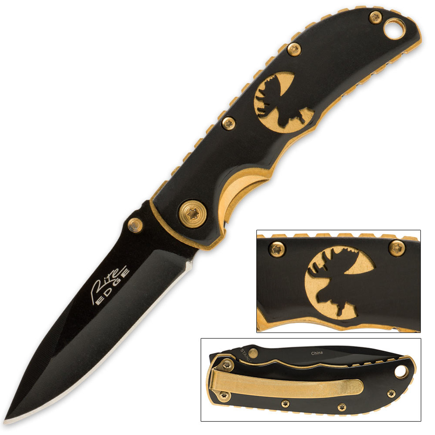 Elk Laser Cut Folding Knife Black & Gold