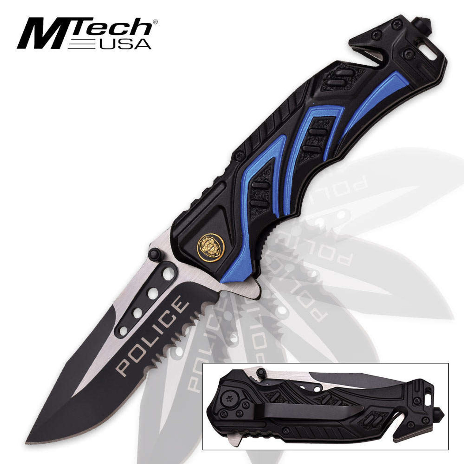 MTech USA Black Half Serrated w/Police Logo Knife
