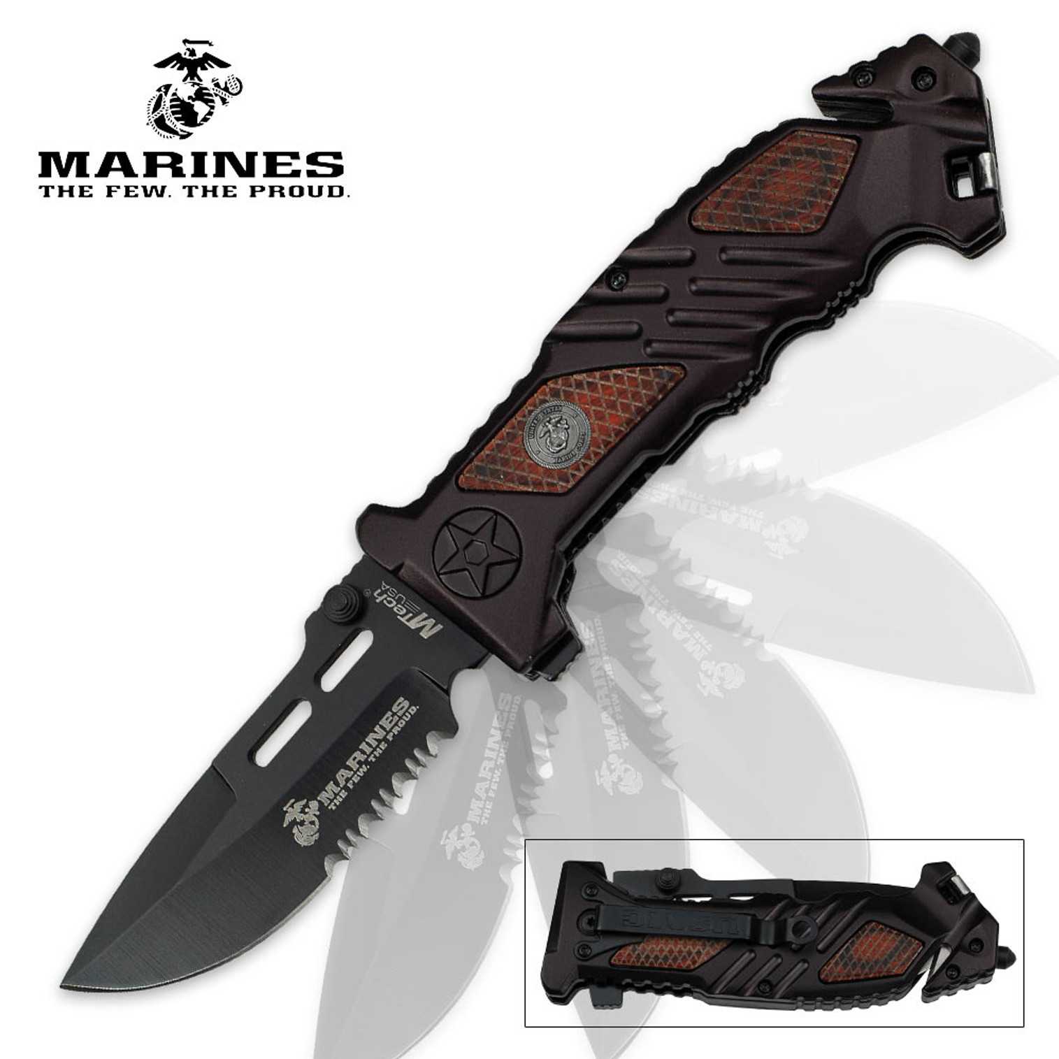 MTech USA Marines Brown Pakkawood Inlay Knife