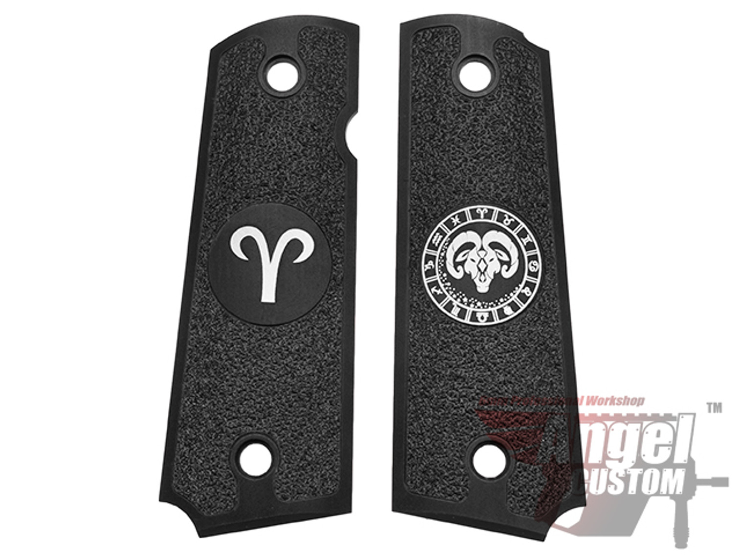 Angel Custom CNC Machined Tac-Glove "Zodiac" Grips for Tokyo Marui/KWA/Western Arms 1911 Series Airsoft Pistols - Black (Sign: Aries)