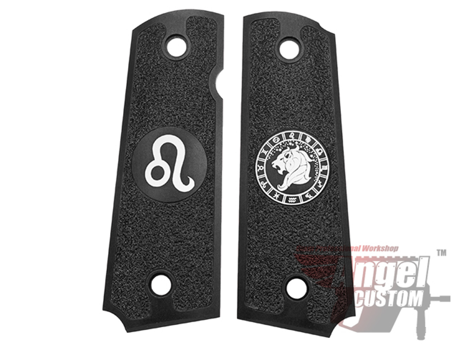 Angel Custom CNC Machined Tac-Glove "Zodiac" Grips for Tokyo Marui/KWA/Western Arms 1911 Series Airsoft Pistols - Black (Sign: Leo)