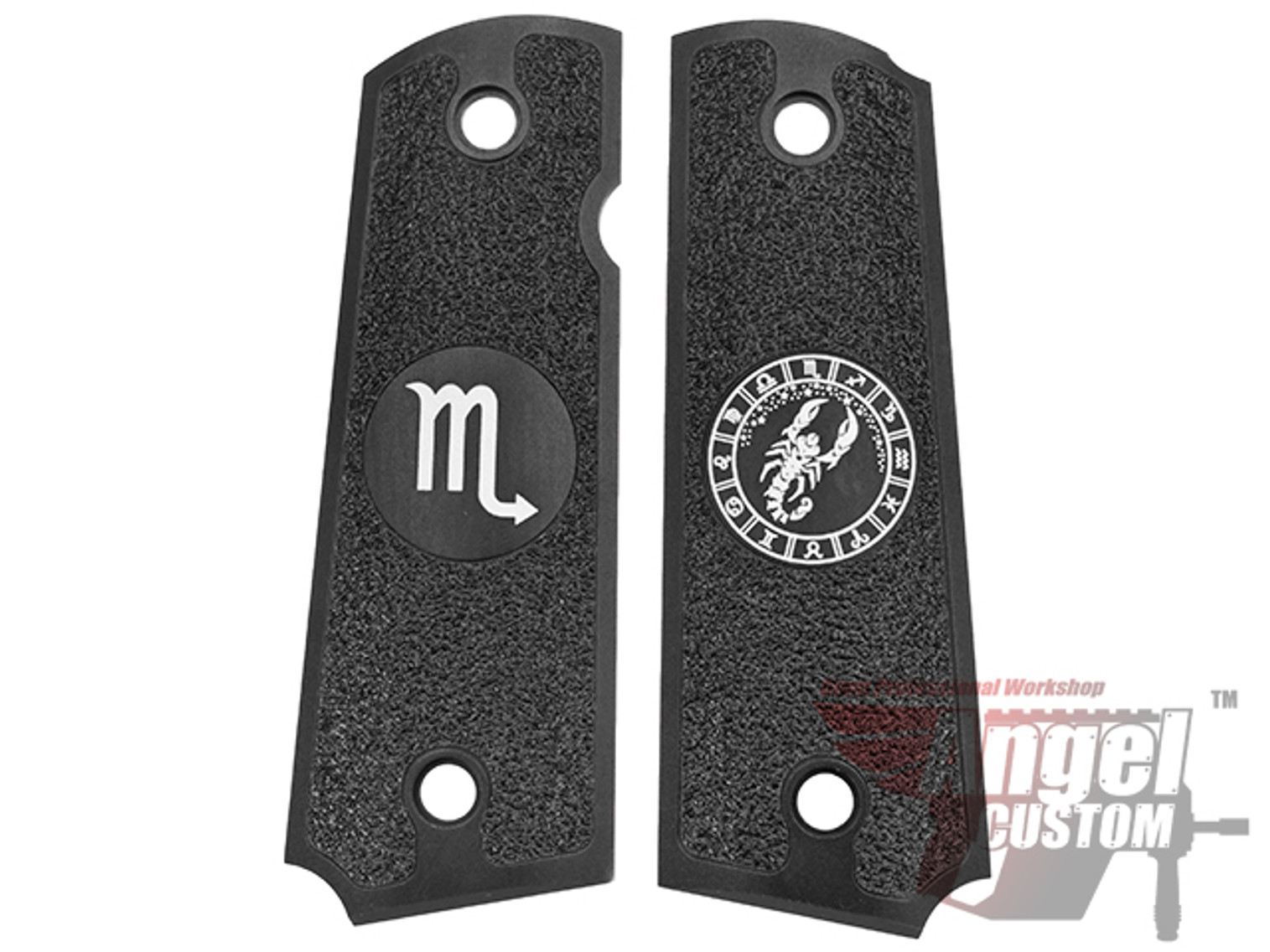 Angel Custom CNC Machined Tac-Glove "Zodiac" Grips for Tokyo Marui/KWA/Western Arms 1911 Series Airsoft Pistols - Black (Sign: Scorpio)