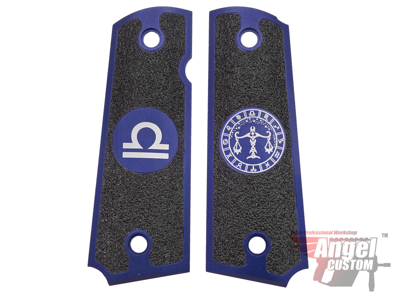 Angel Custom CNC Machined Tac-Glove "Zodiac" Grips for Tokyo Marui/KWA/Western Arms 1911 Series Airsoft Pistols - Navy Blue (Sign: Libra)