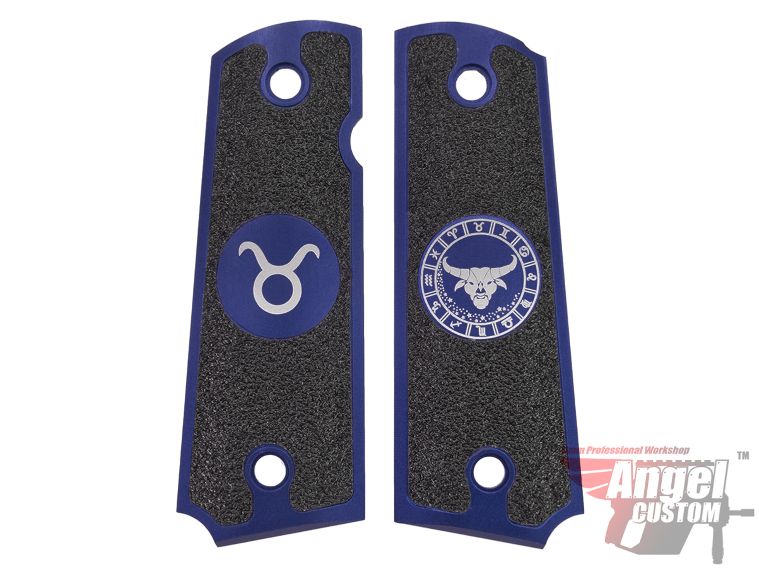 Angel Custom CNC Machined Tac-Glove "Zodiac" Grips for Tokyo Marui/KWA/Western Arms 1911 Series Airsoft Pistols - Navy Blue (Sign: Taurus)