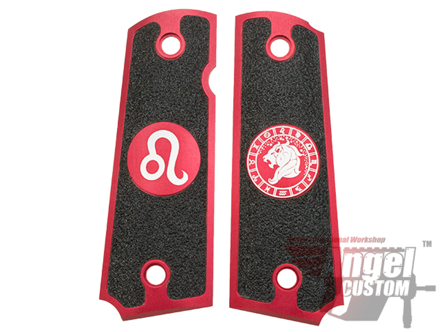 Angel Custom CNC Machined Tac-Glove "Zodiac" Grips for Tokyo Marui/KWA/Western Arms 1911 Series Airsoft Pistols - Red (Sign: Leo)