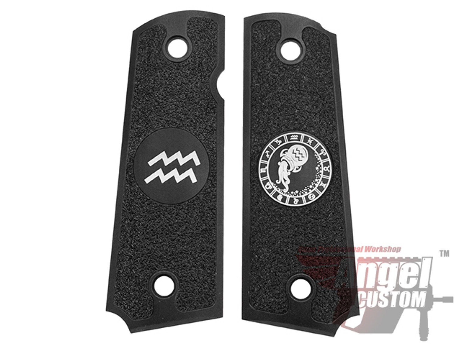 Angel Custom CNC Machined Tac-Glove "Zodiac" Grips for WE-Tech 1911 Series Airsoft Pistols - Black (Sign: Aquarius)