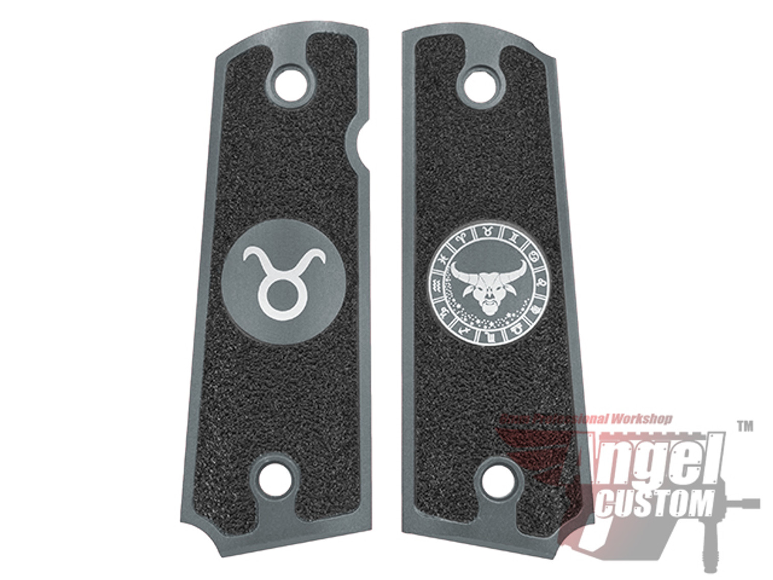 Angel Custom CNC Machined Tac-Glove "Zodiac" Grips for WE-Tech 1911 Series Airsoft Pistols - Dark Grey (Sign: Taurus)