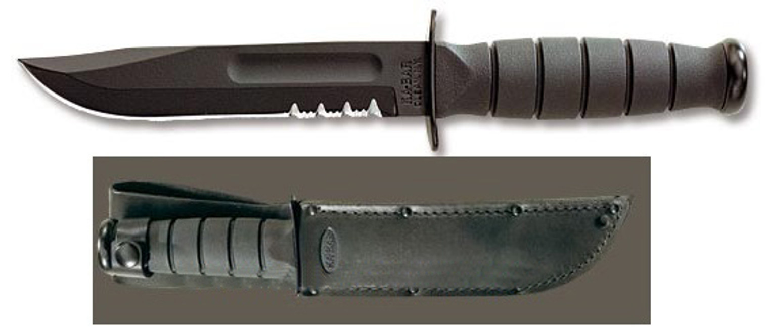 Ka-Bar 1257 Black Short Serrated w/Leather Sheath