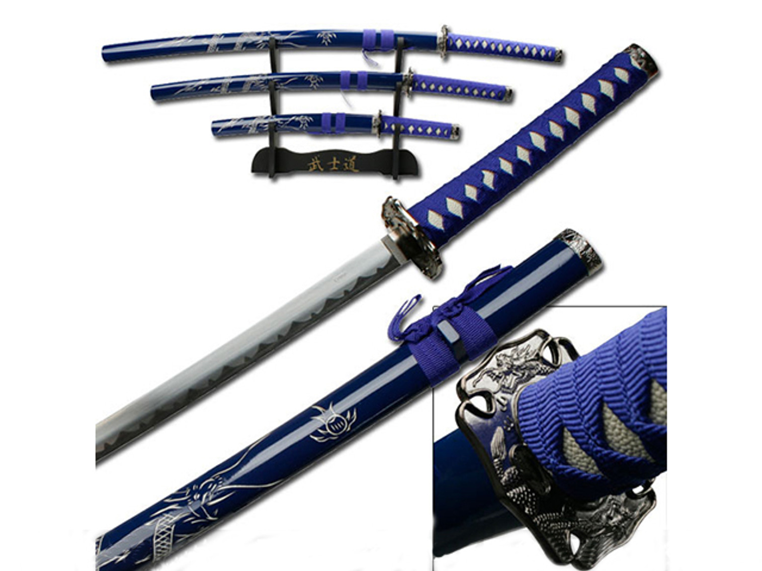 Royal Blue Dragon Three Piece Imperial Samurai Sword Collection With Stand