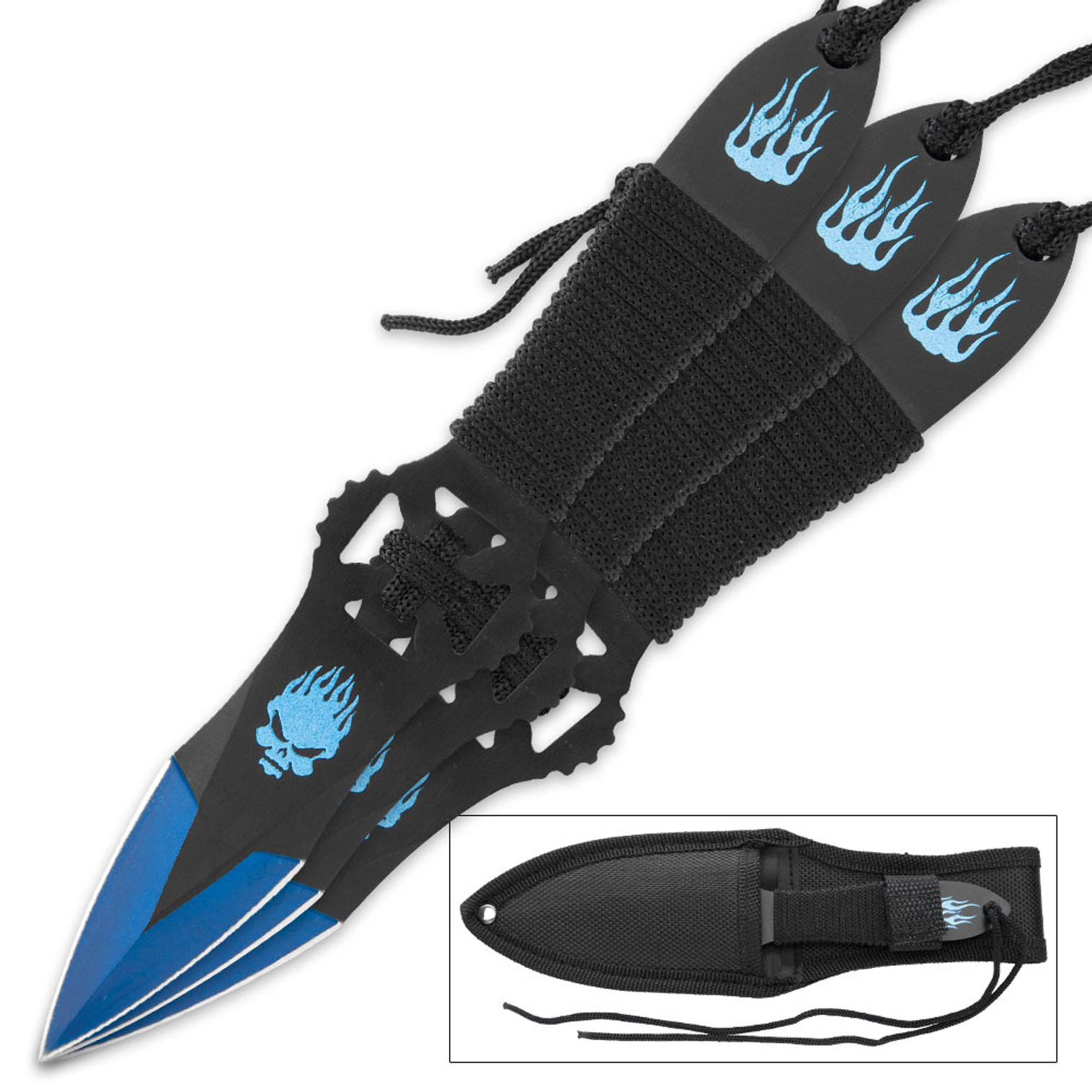 Flaming Blue Skull Throwing Knives Set