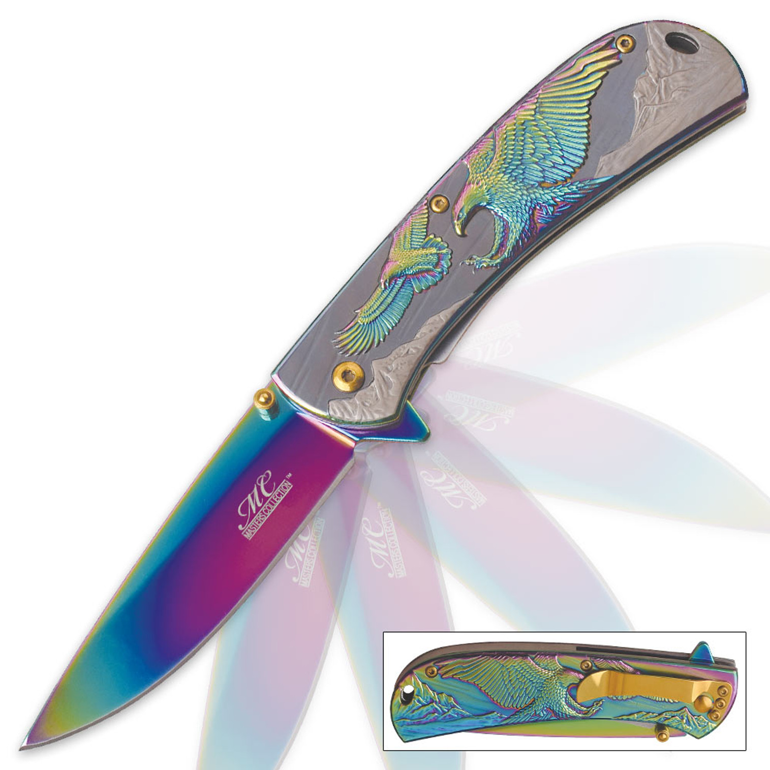 Masters Collection Iridescent Rainbow Mountain Eagle Titanium-Coated Stainless Pocket Knife
