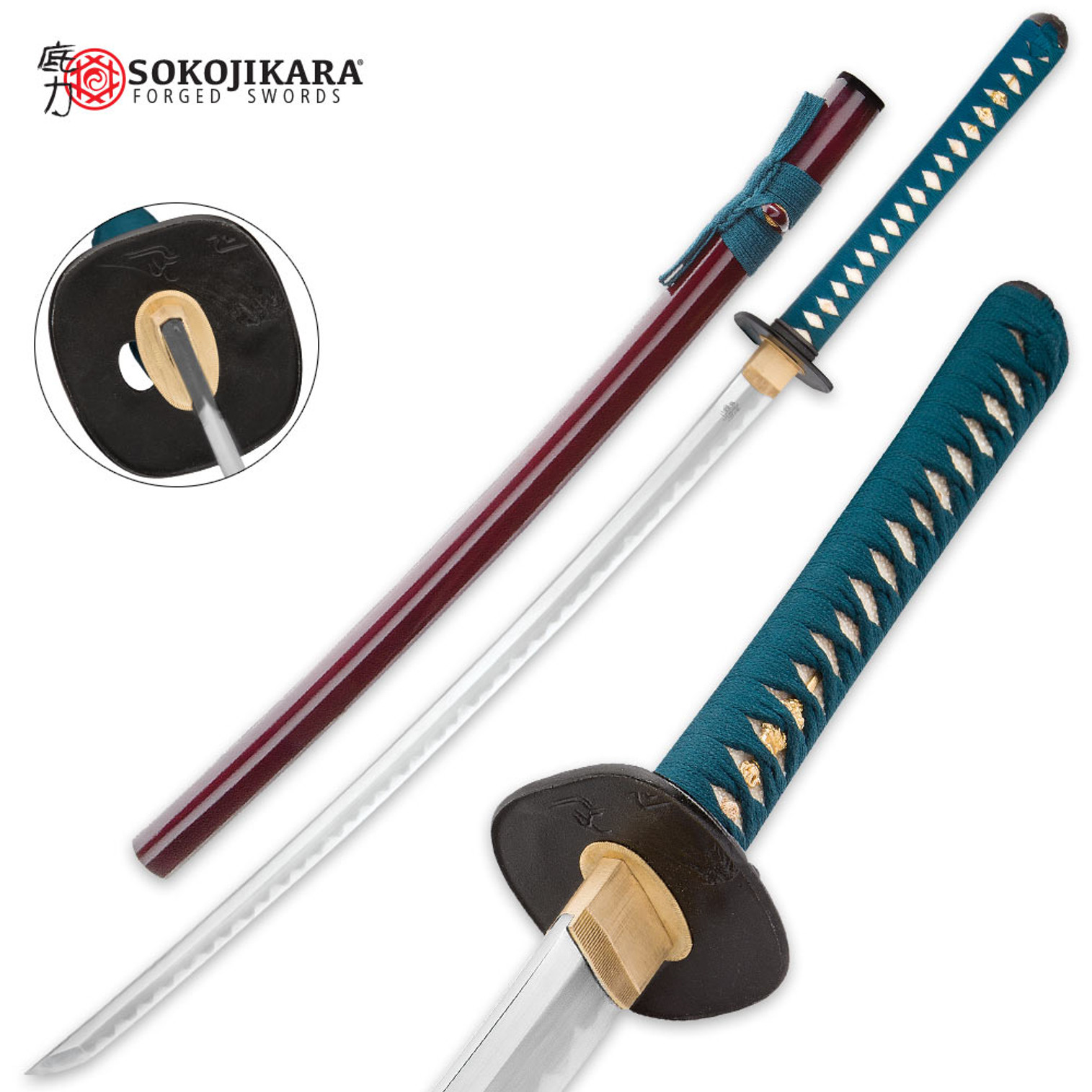 Sokojikara T10 Samurai Sword with Burgundy Scabbard