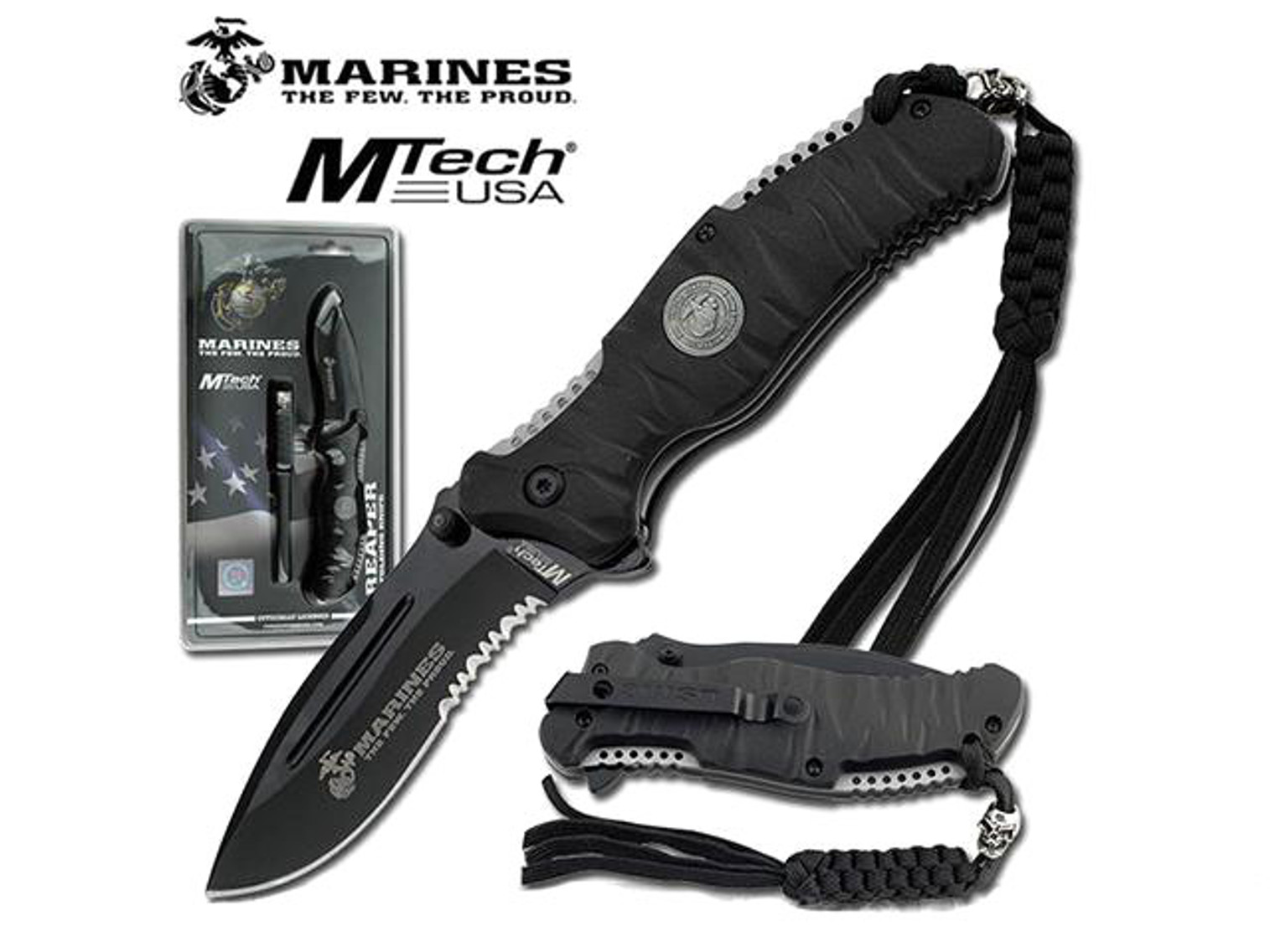 USMC Marine Reaper Assisted Opening Folding Knife with 3 5/8" Blade - Black