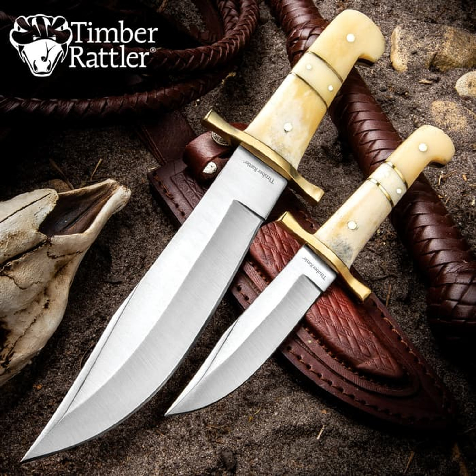 Timber Rattler Camel Bone Bowie Knife 2-Piece Set