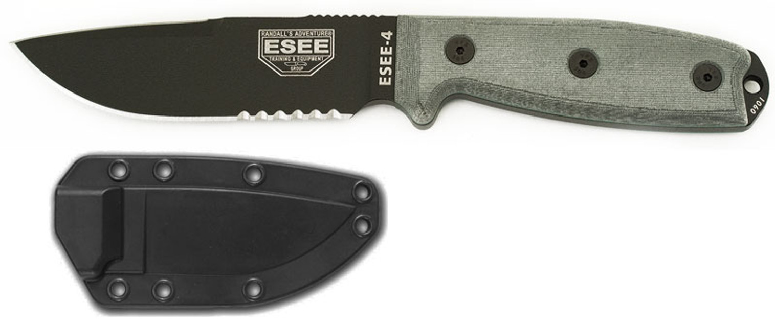 ESEE 4S-CP Black Blade Serrated Clip Point, Brown Molded Sheath