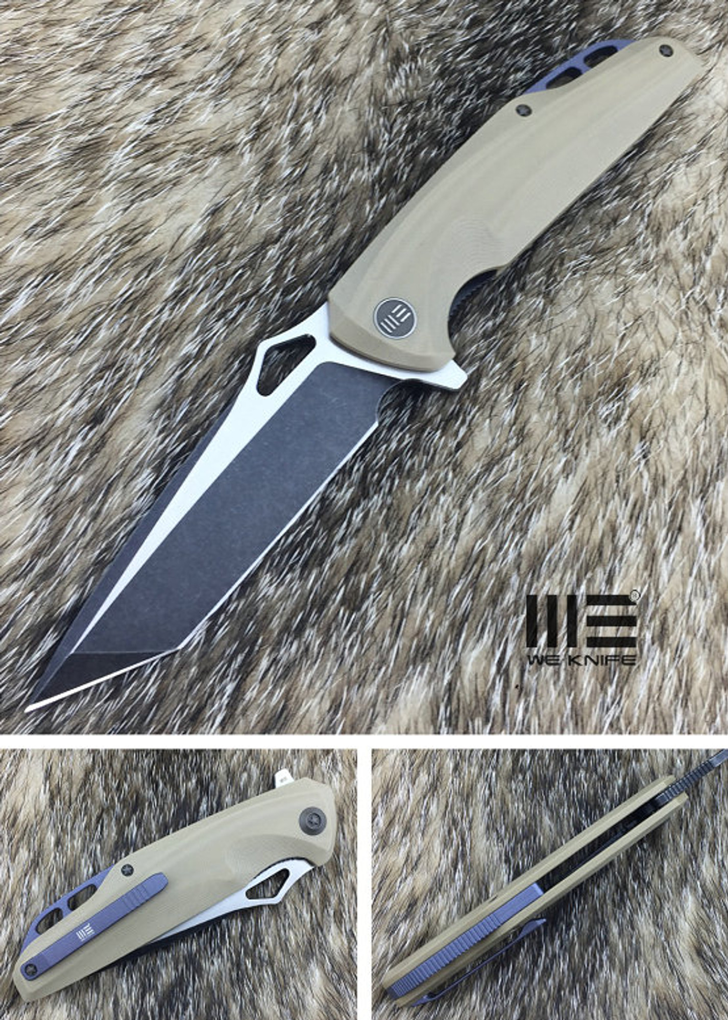 WE Knife 706C Black SW Tanto D2 Flipper- Tan G10