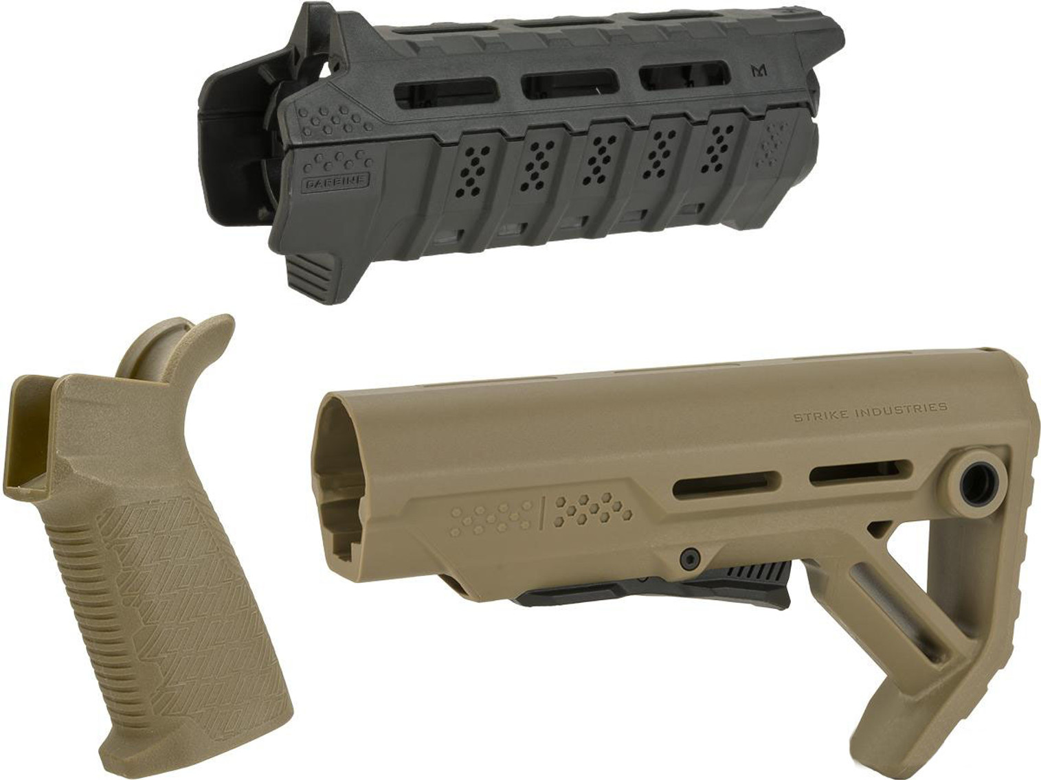 Strike Industries Carbine Length Polymer Furniture Package for Airsoft AEG Rifles (Color: Tan / Black)
