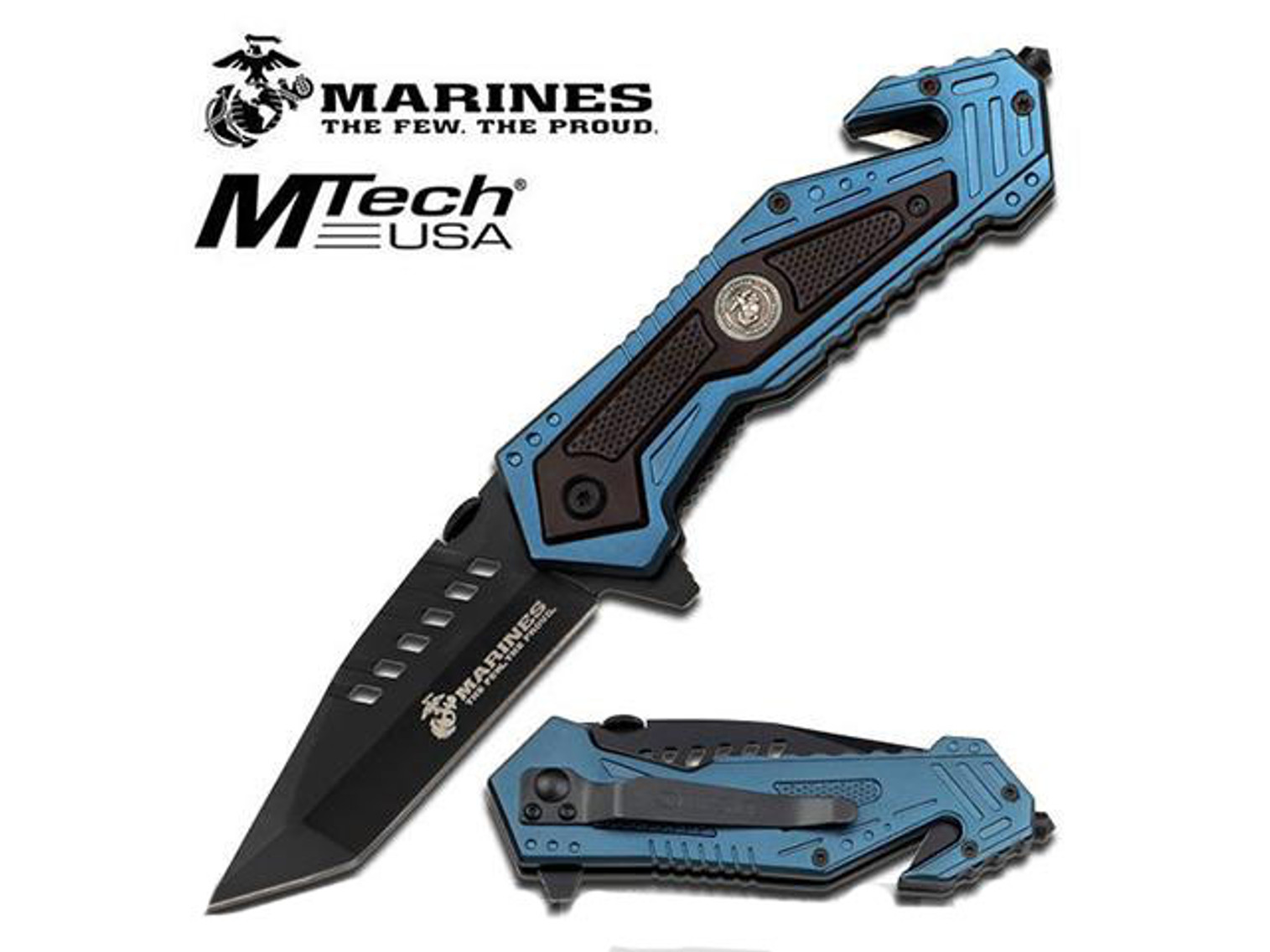 Marines 4.75" "Salvager" Folding Rescue Knife with Seatbelt Cutter and Glass Breaker - Blue