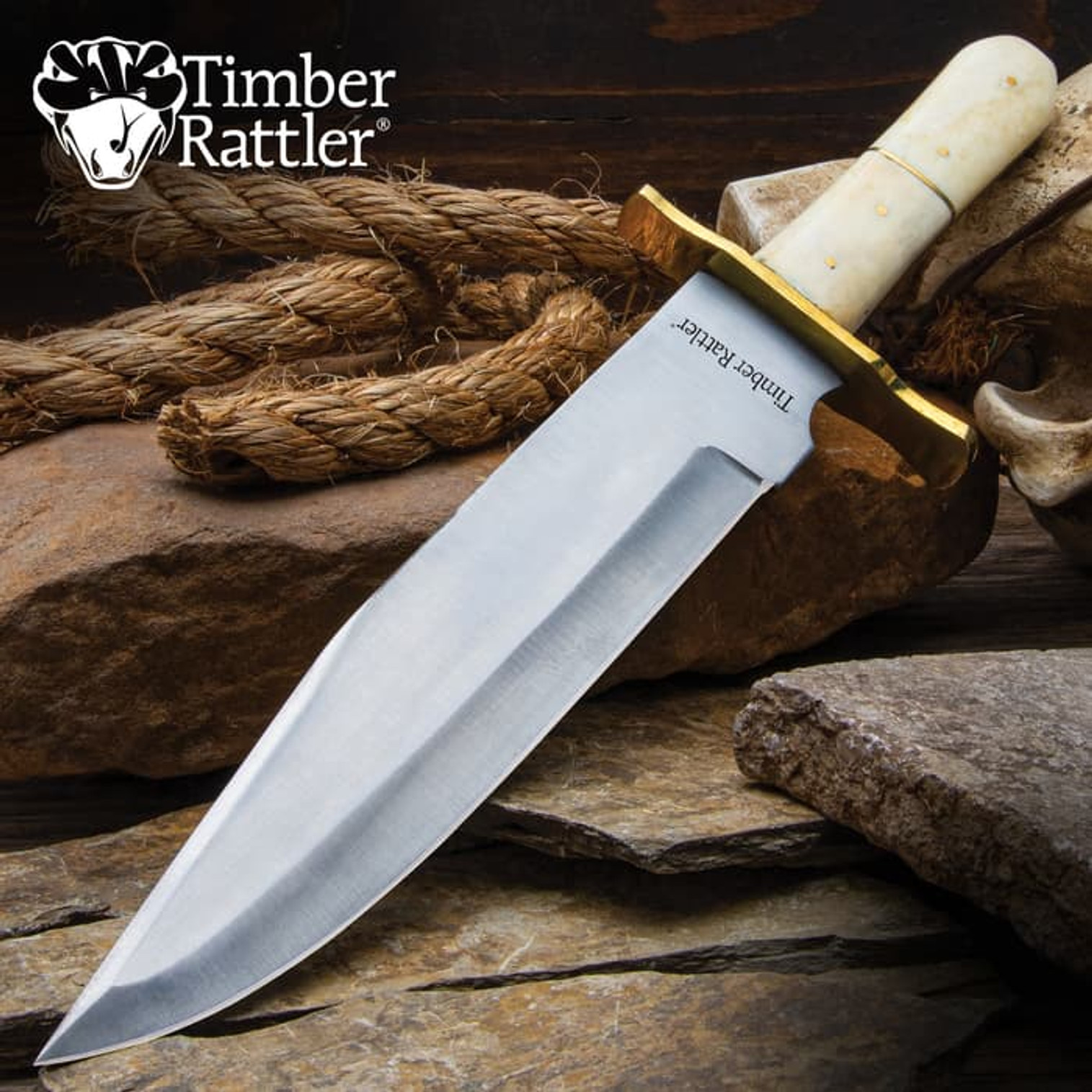 Timber Rattler Ivory Dusk Bone Handle Bowie Knife w/Leather Sheath