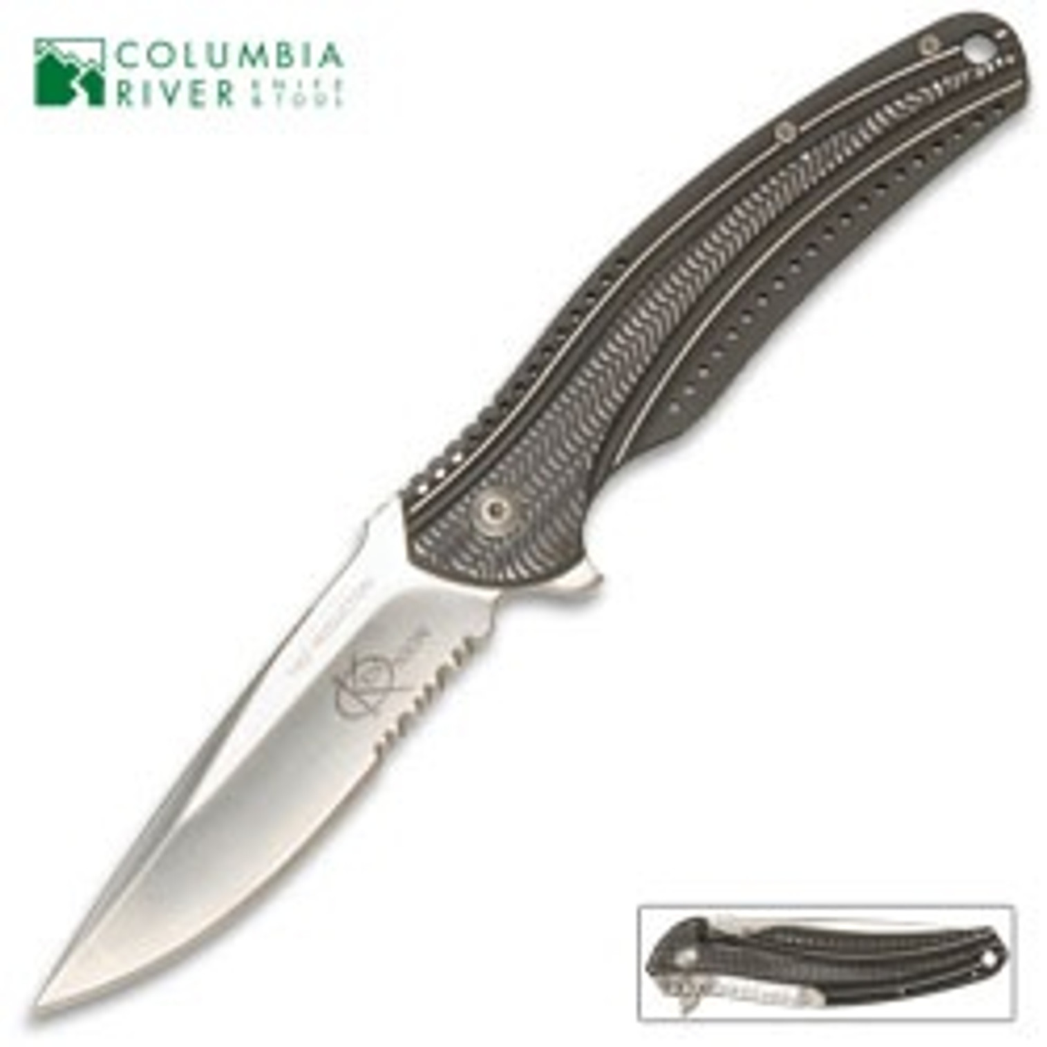 Columbia River Ripple Charcoal Scales Serrated Knife