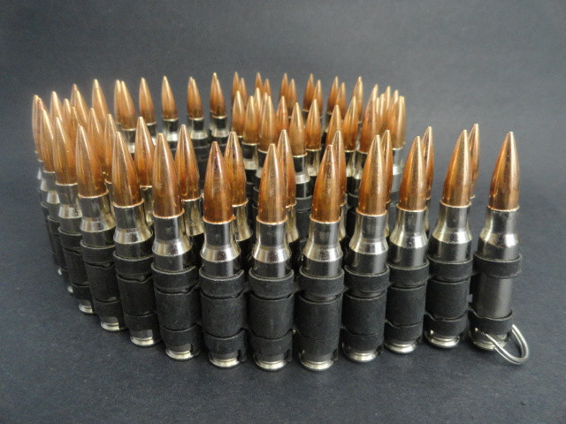 Caliber Bullet Belt 7.62 mm Nickel Casings Copper Tips Black Links