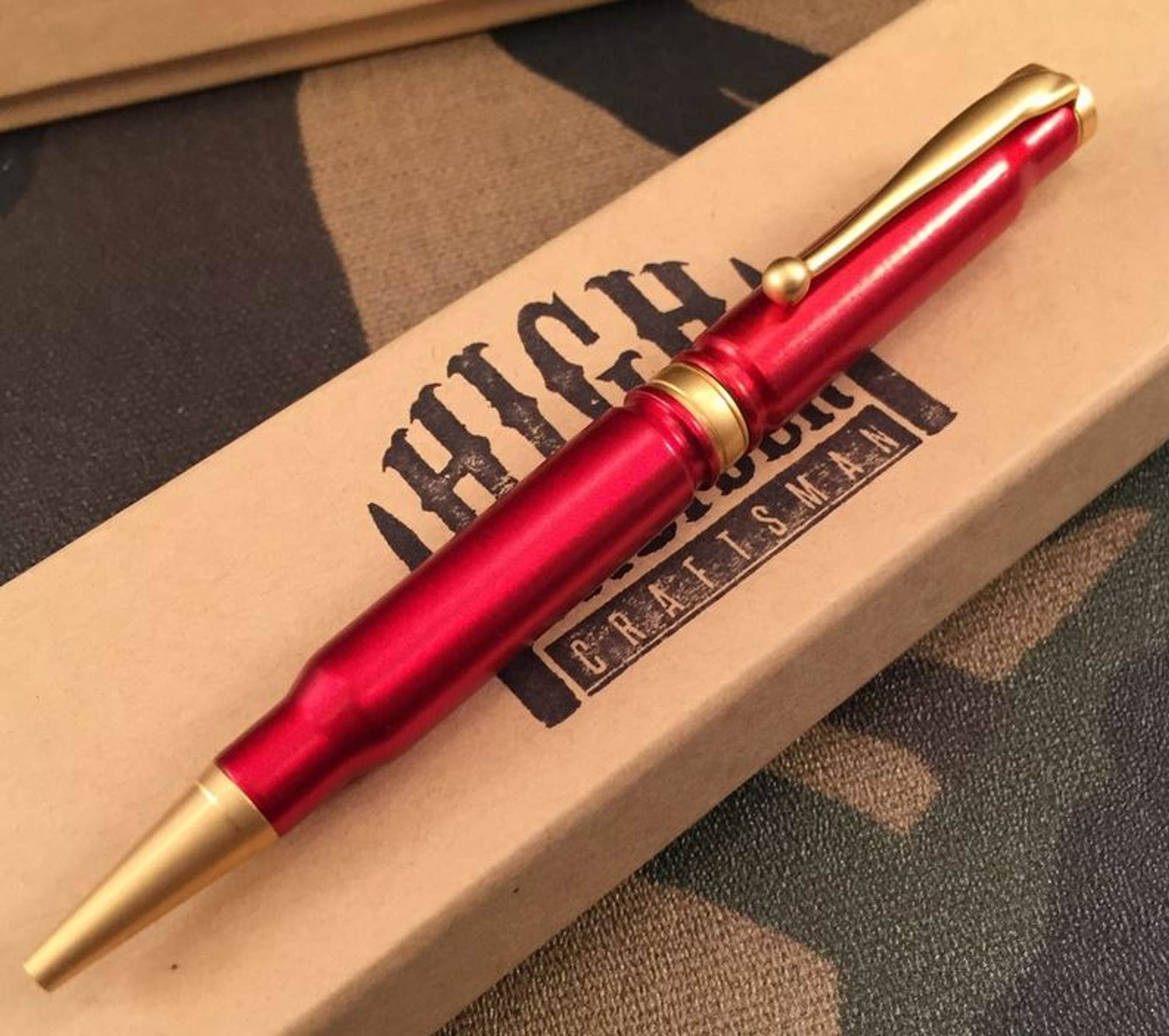 High Caliber 308 Anodized Red Powder Coated Pen - Satin Gold