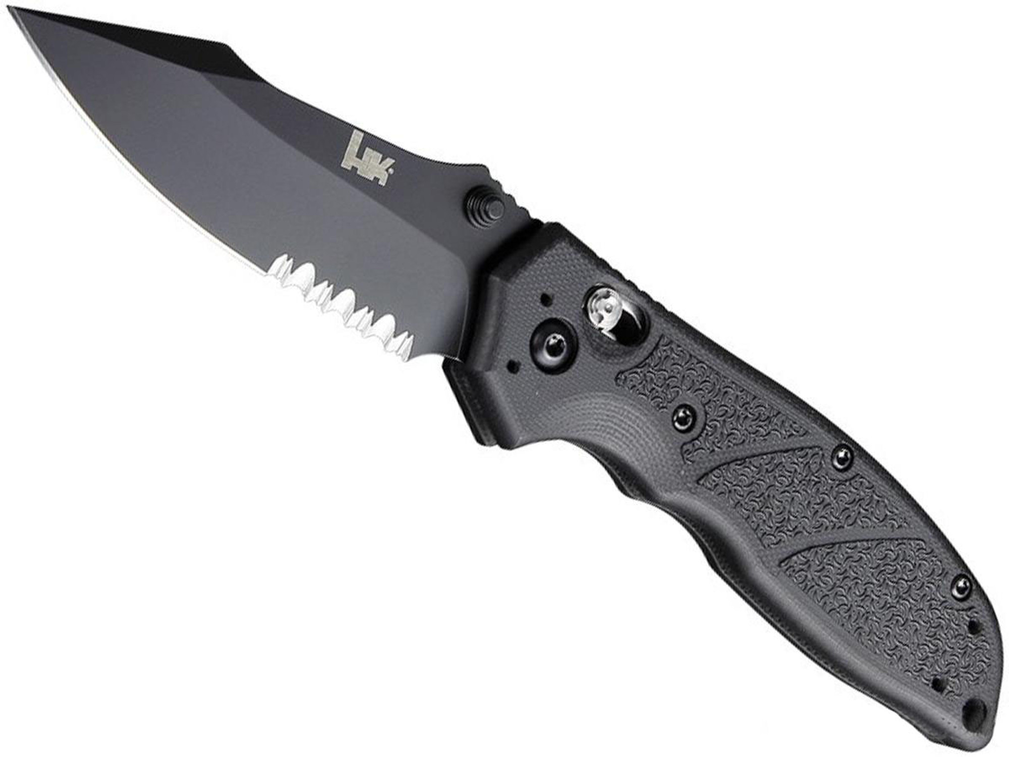 H&K Exemplar Pivot Lock Folder w/ 3.25" Clip Point Blade & G10 Handles by Hogue Knives (Model: Black Cerakote / Serrated)