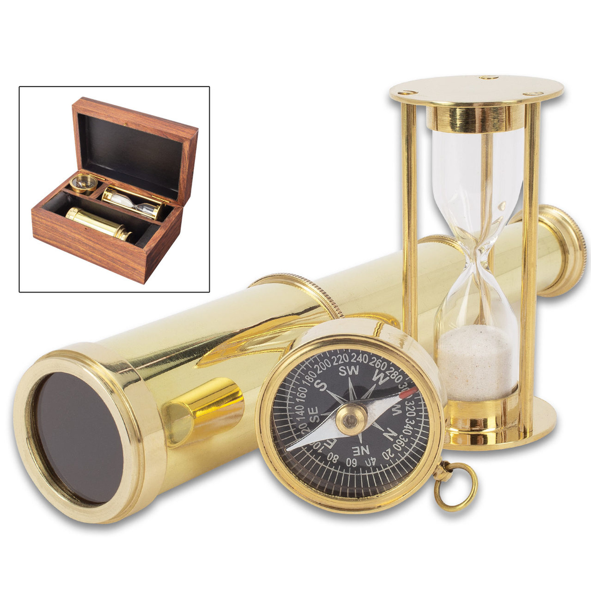 Compass, Telescope & Minute Timer Set w/Wooden Box