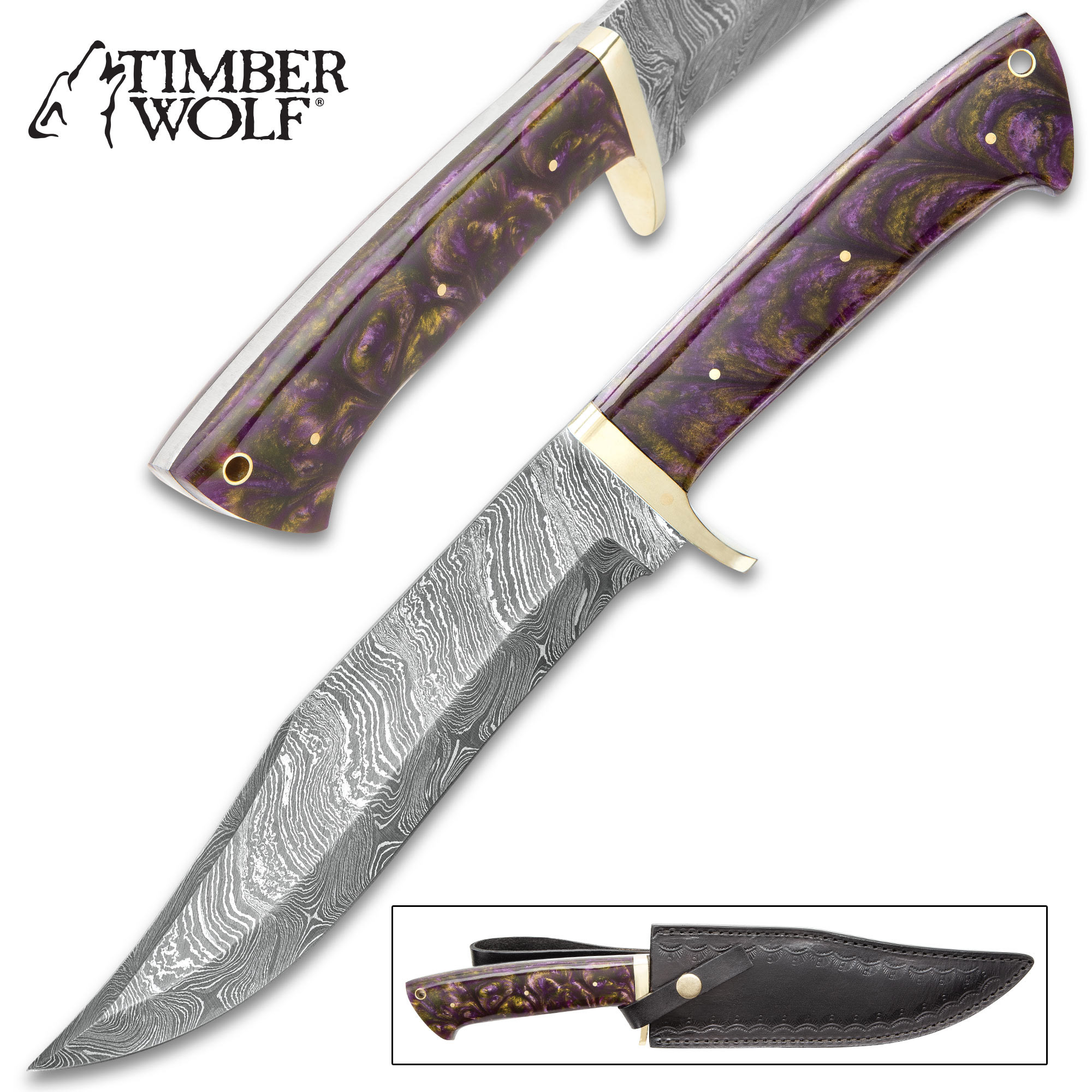 Timber Wolf Vervain Bowie Knife With Sheath - Damascus Steel Blade