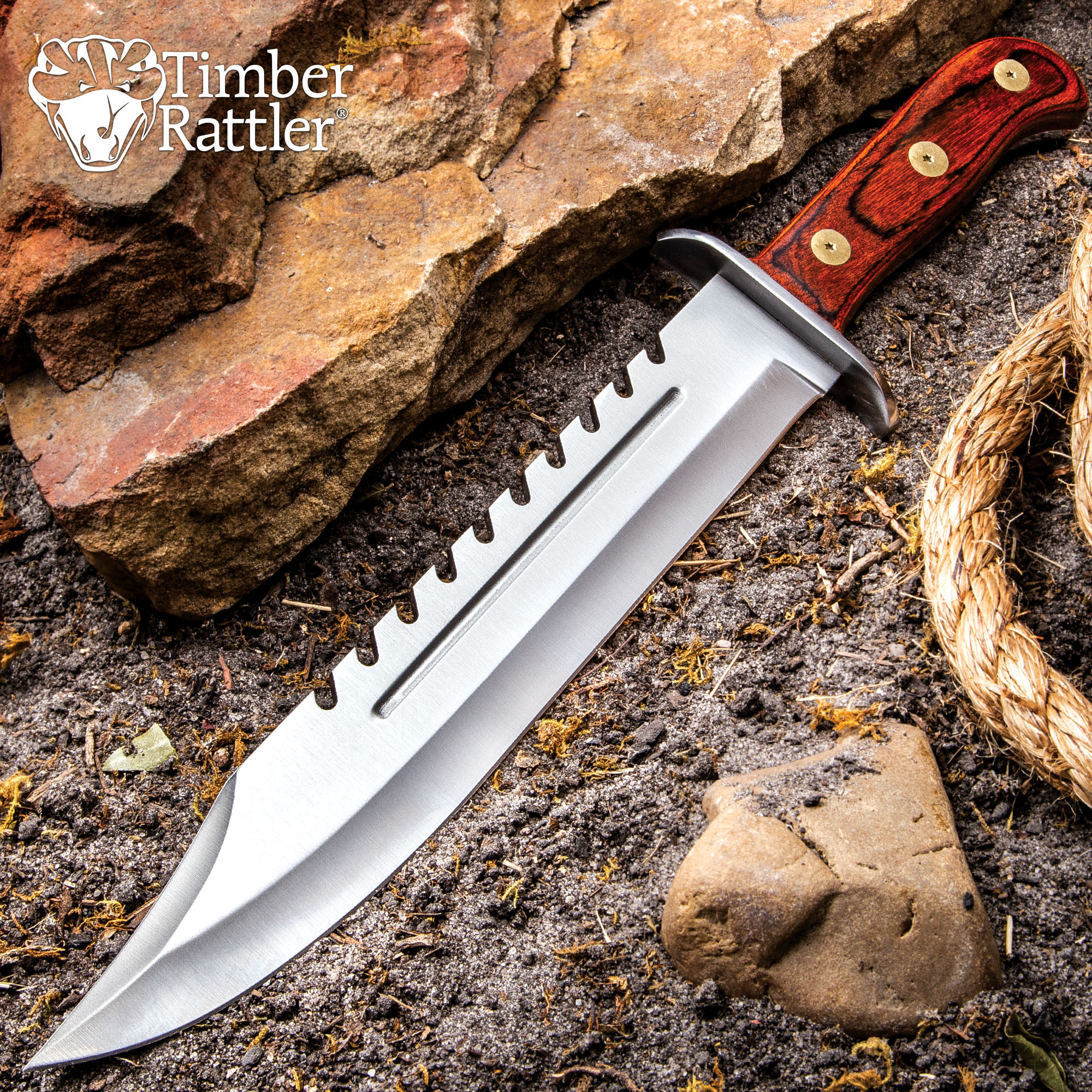 Timber Rattler Sawback Mountain Bowie Knife With Sheath 