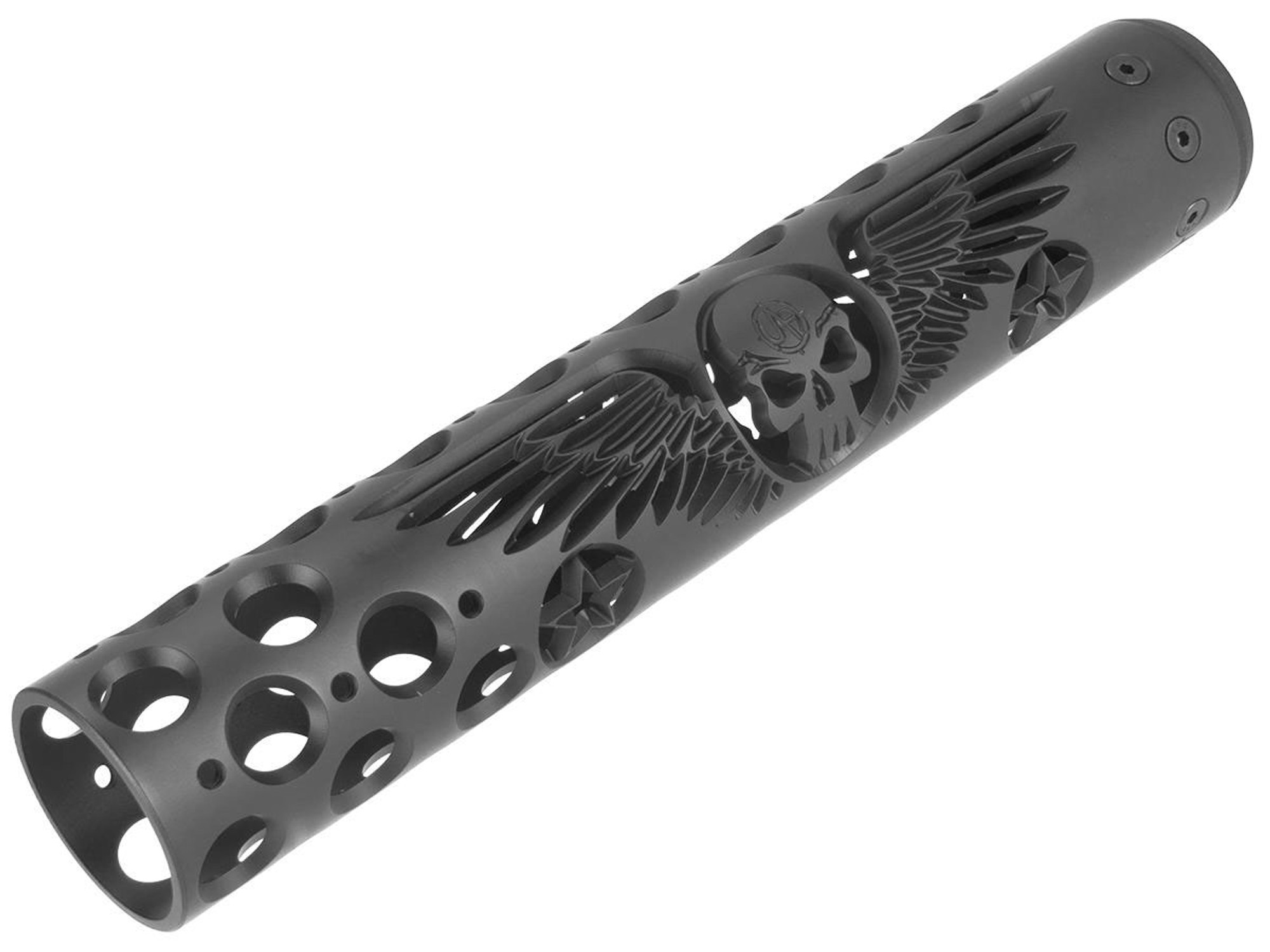 Unique ARs CNC Machined "Wings & Skulls" Handguard for AR15 Pattern Rifles (Color: Black / 12" / AR15 Barrel Nut)