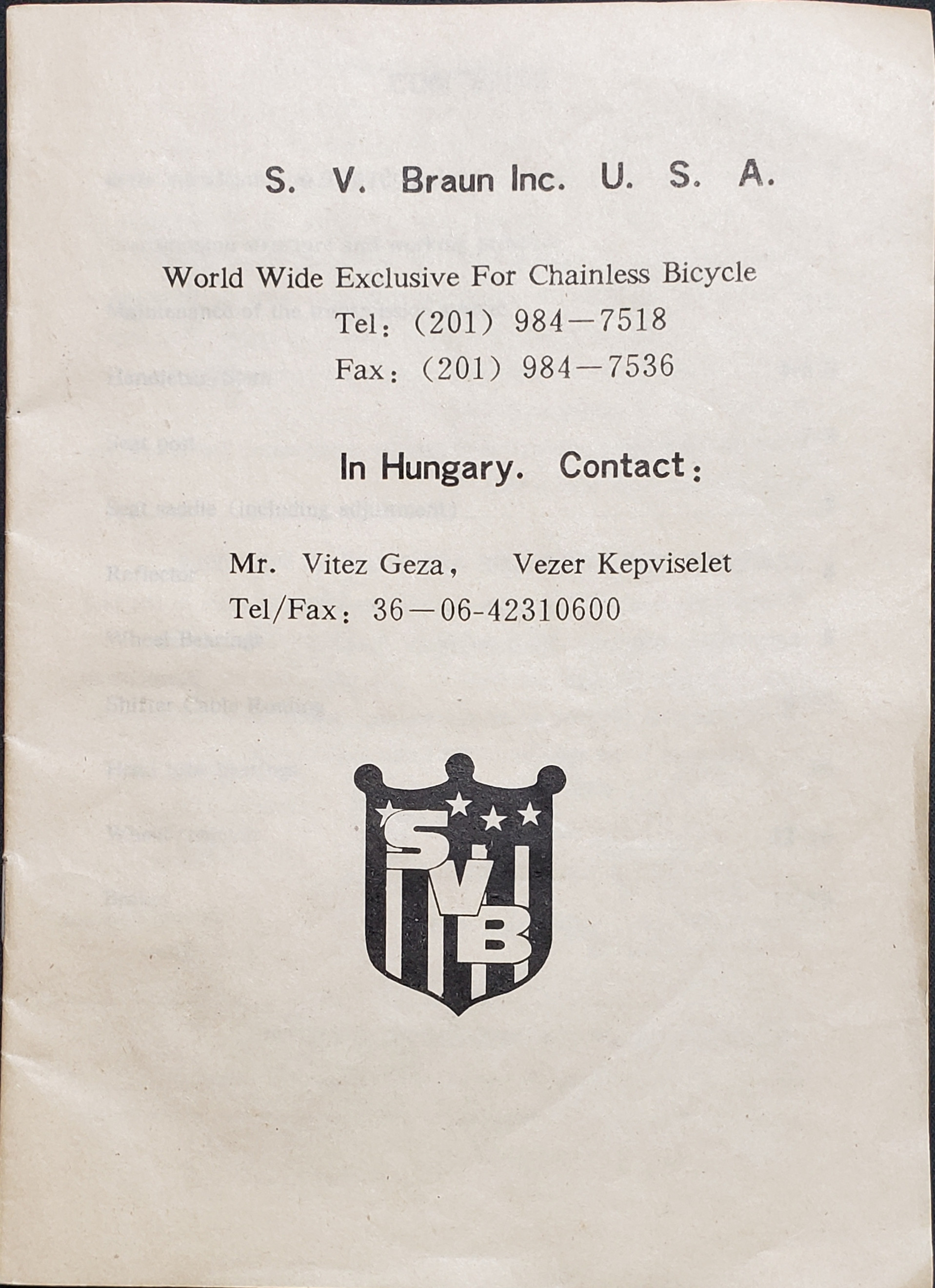 US Armed Forces Service Manual - S.V. Braun Chainless Bicycle US Armed Forces Service Manual - S.V. Braun Chainless Bicycle