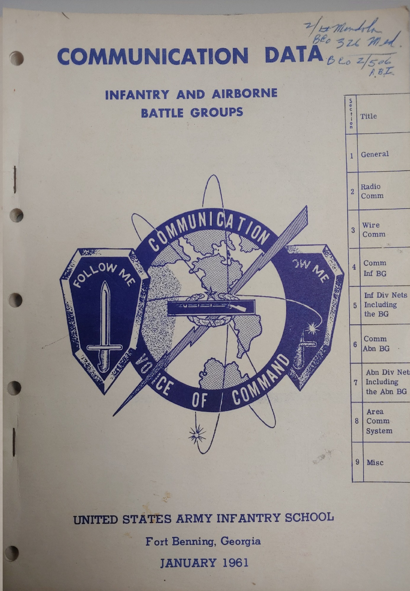 US Armed Forces Training Manual - Communication Data, Infantry and Airborne Battle Groups (1961)