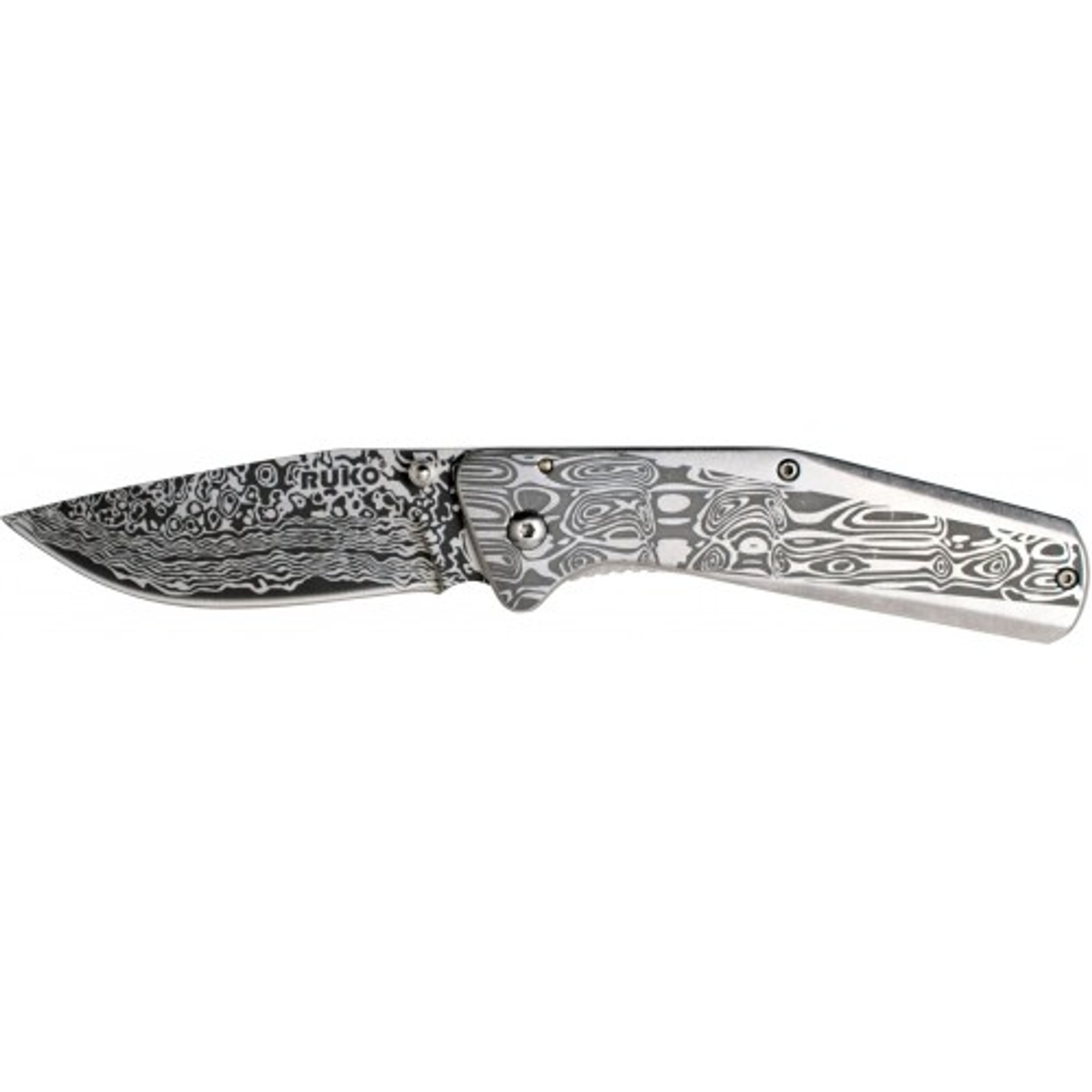 RUKO RUK0177DA, 8CR13MoV, 3.25" Laser Engraved Damascus Folding Blade knife, Stone Washed Finished Handle, boxed