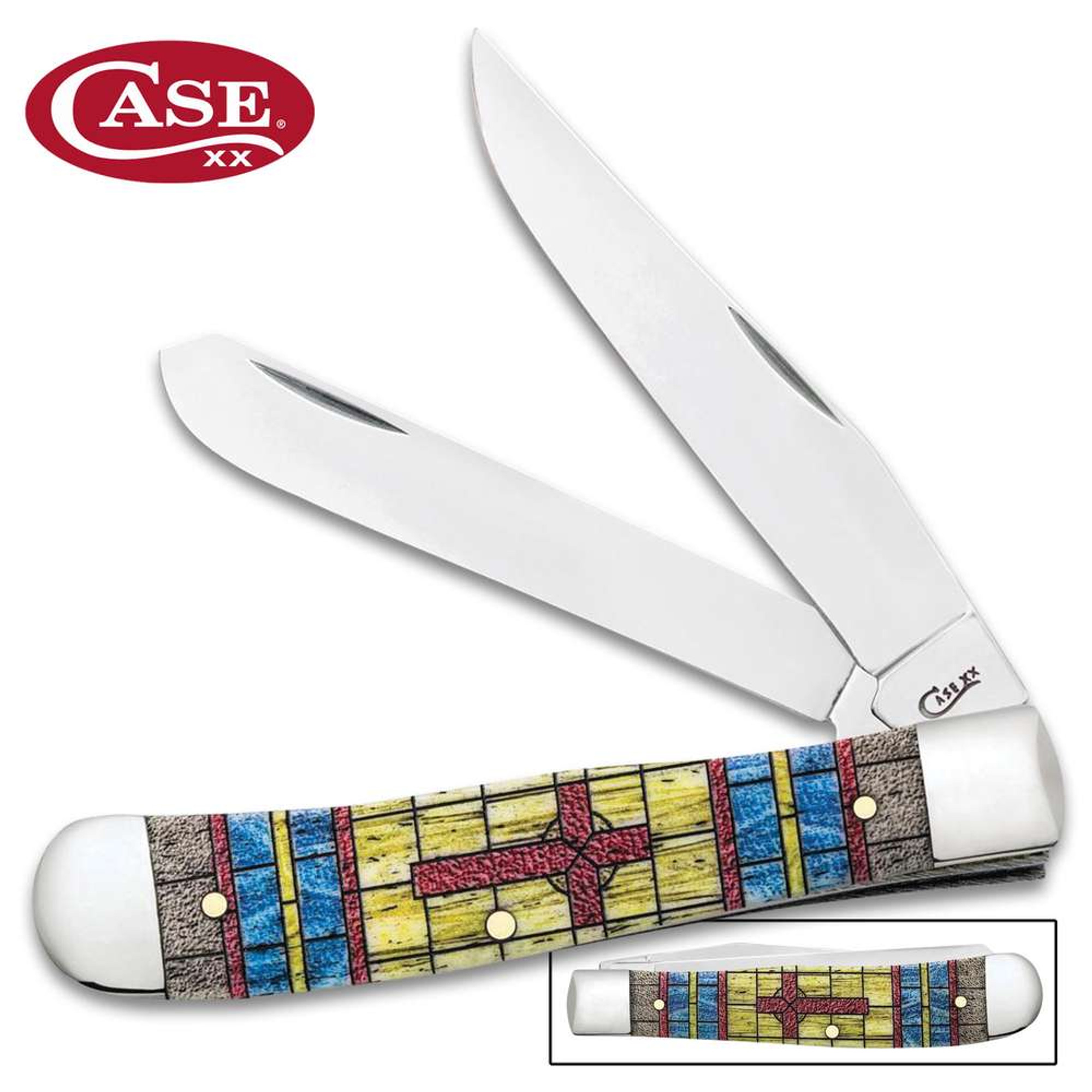 Case Stained Glass Cross Trapper Pocket Knife Gift Set