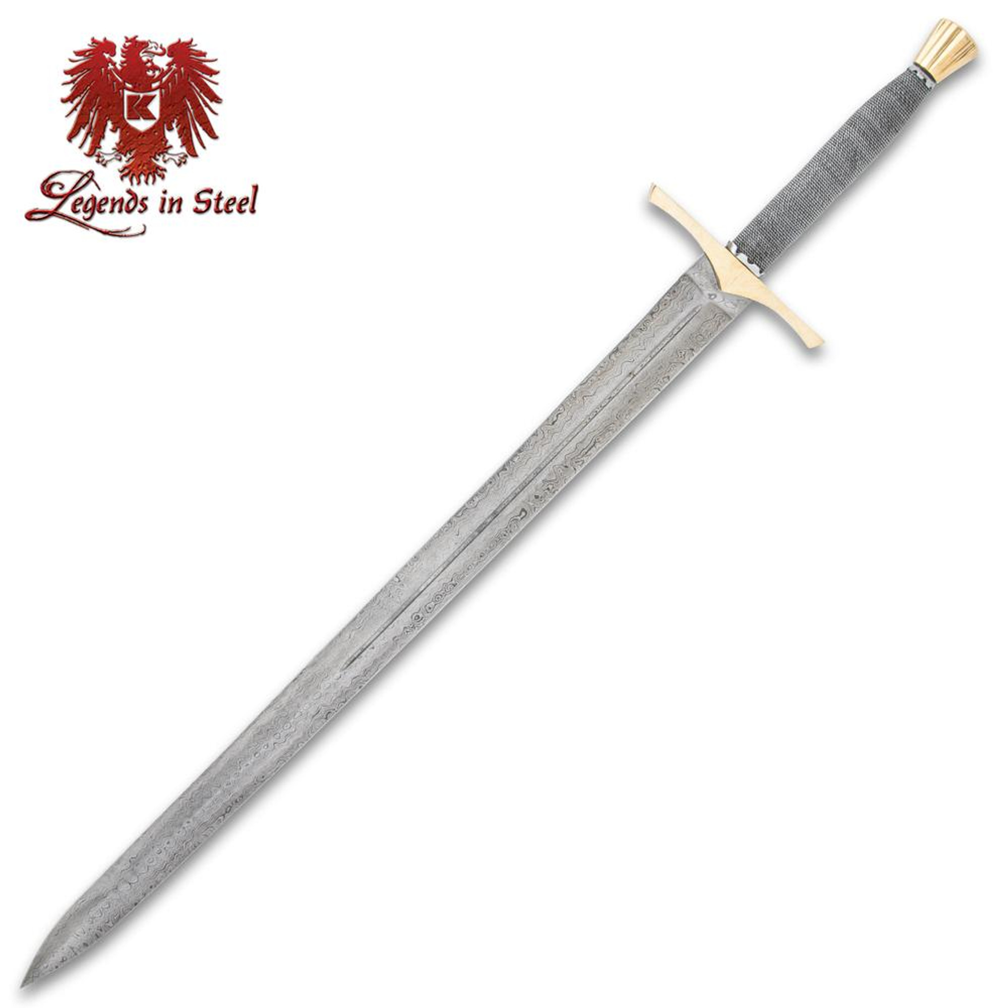 Legends In Steel Medieval Damascus Sword And Scabbard - Damascus Steel Blade, Wire-Wrapped Hilt, Brass Crossguard And Pommel