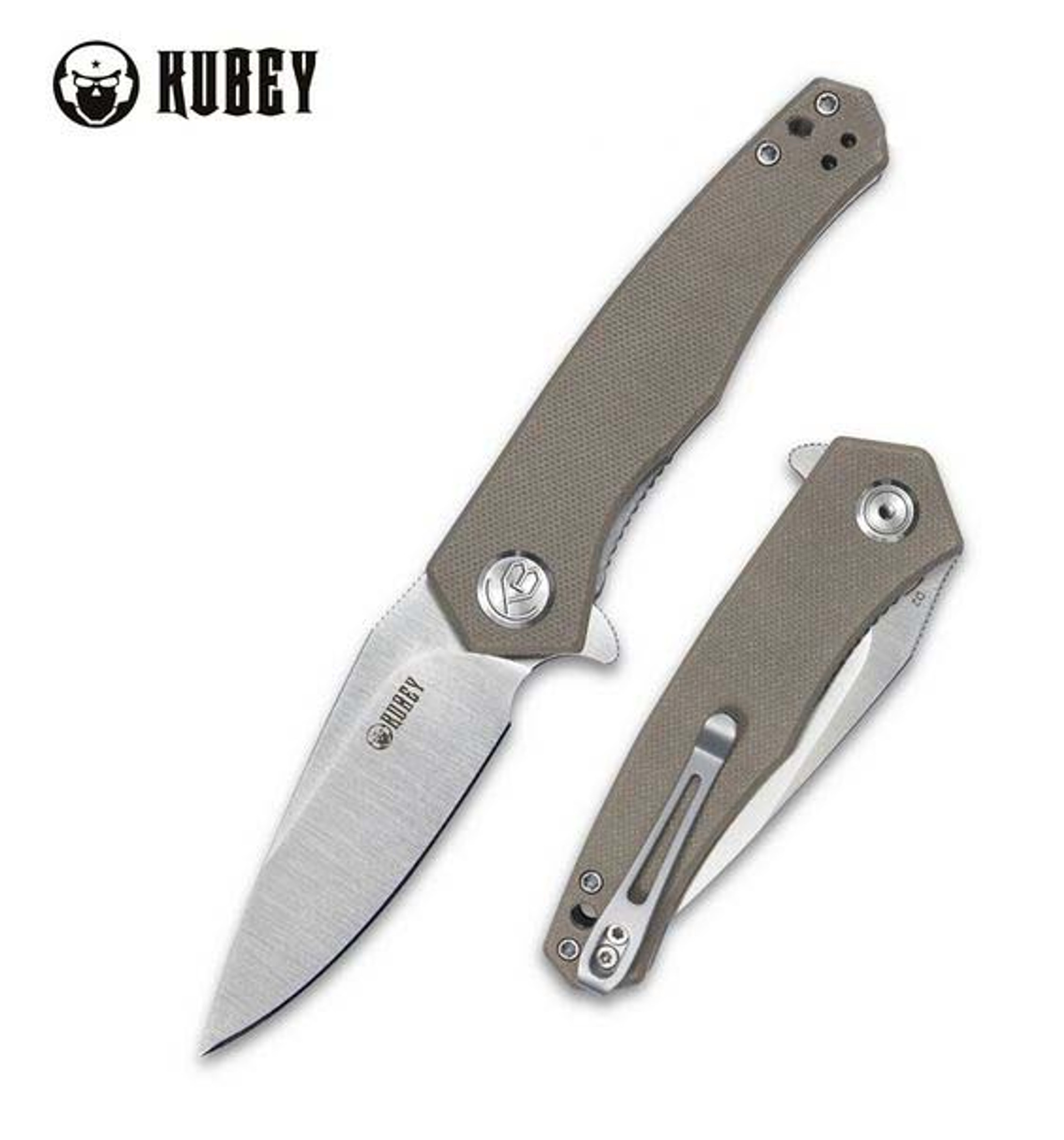 Kubey Flipper Folding Knife, D2 Satin, G10 Tan, KU055C