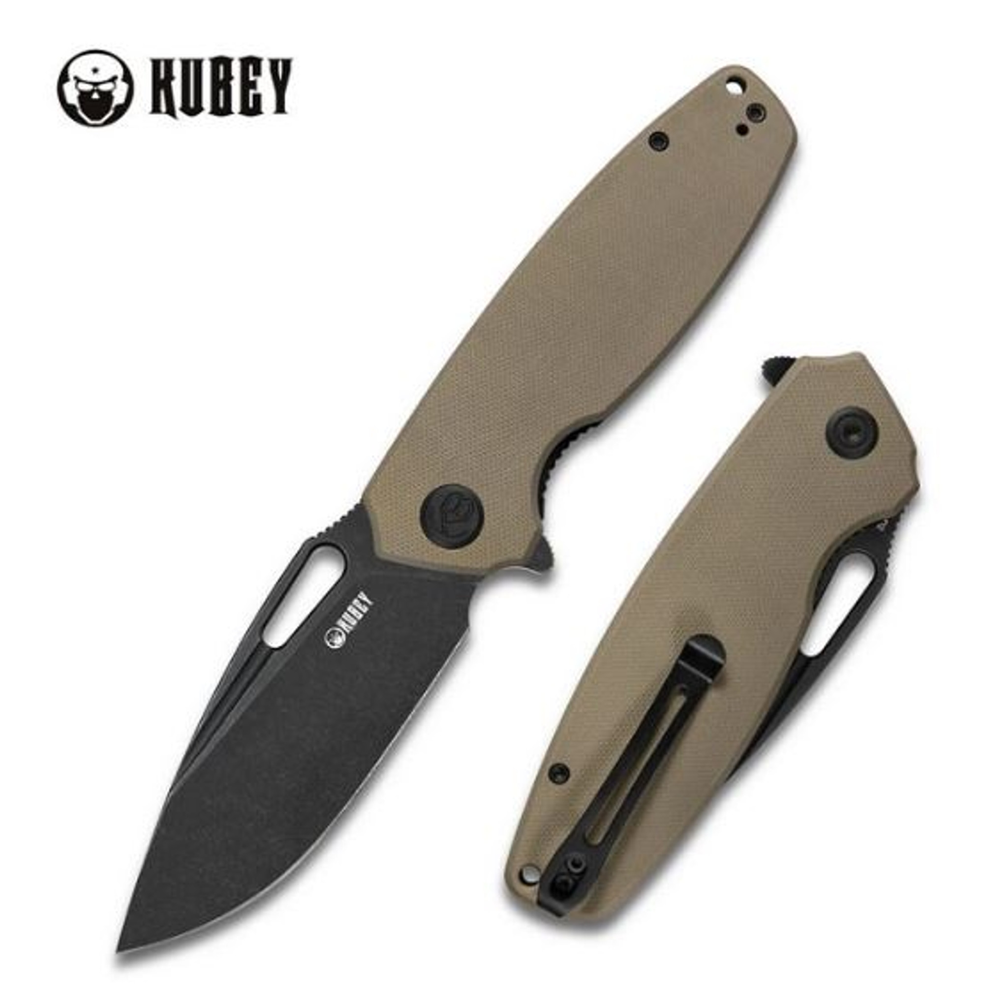Kubey Flipper Folding Knife, D2 Black SW, G10 Tan, KU322D