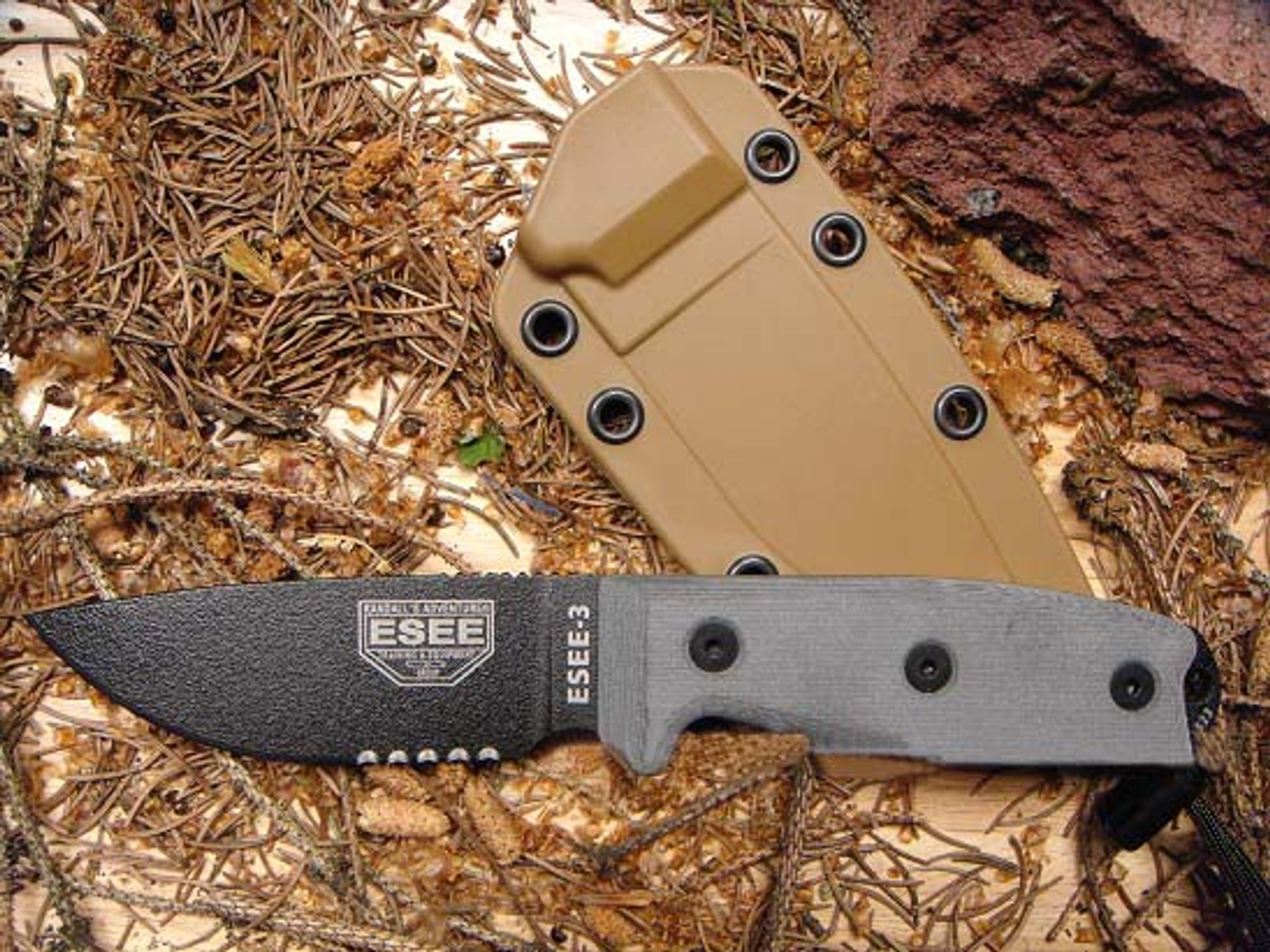 ESEE 3SM Fixed Blade Knife, 1095 Carbon, Micarta Handle, Rounded Pommel, Brown Sheath