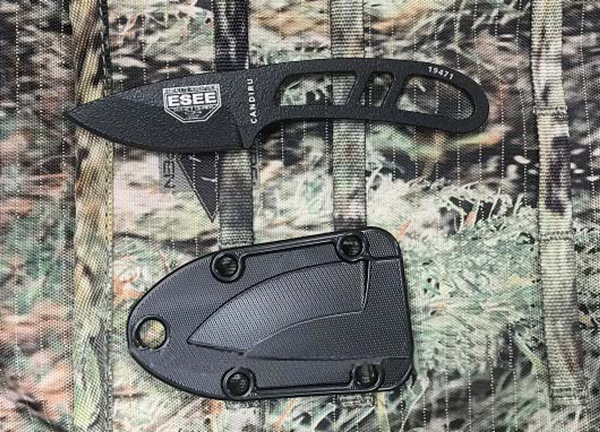 ESEE CAN-B-E Candiru Fixed Blade Knife, 1095 Carbon, Black Molded Sheath