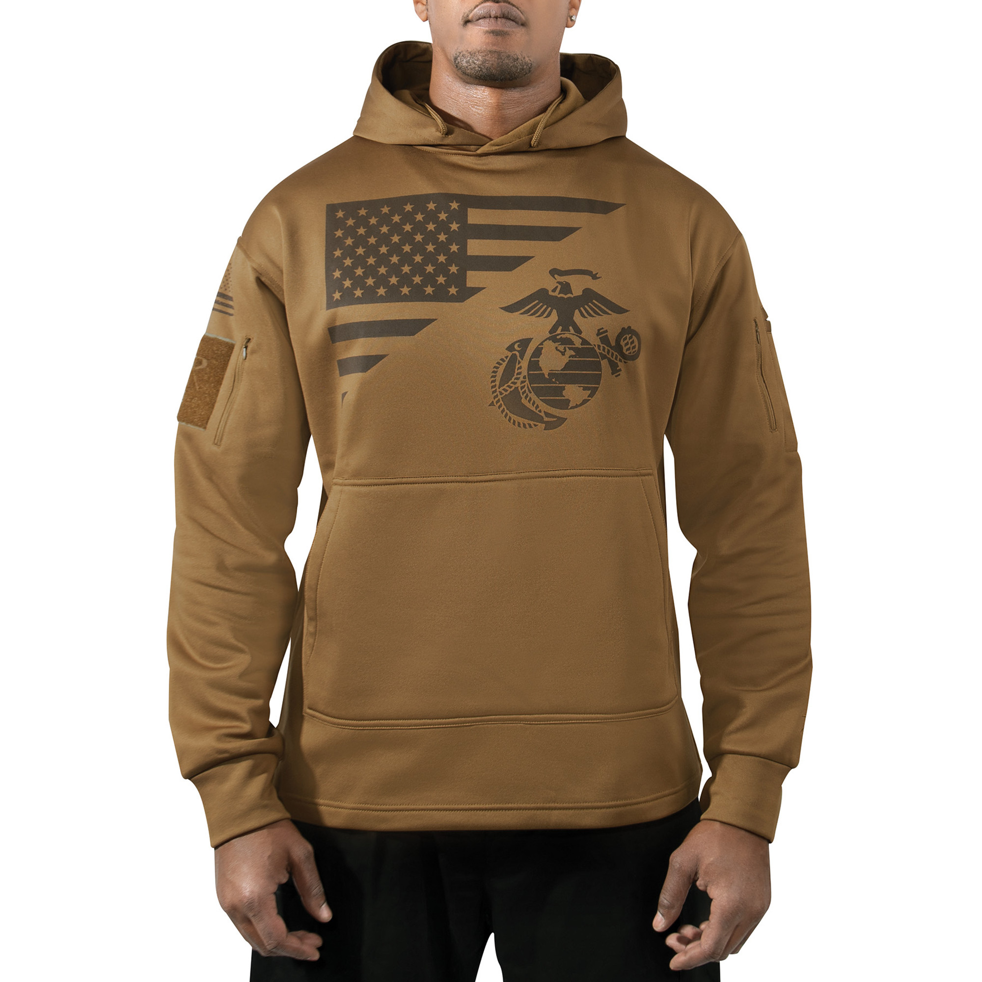 Rothco US Flag/USMC Eagle, Globe, & Anchor Concealed Carry Hoodie - Coyote Brown