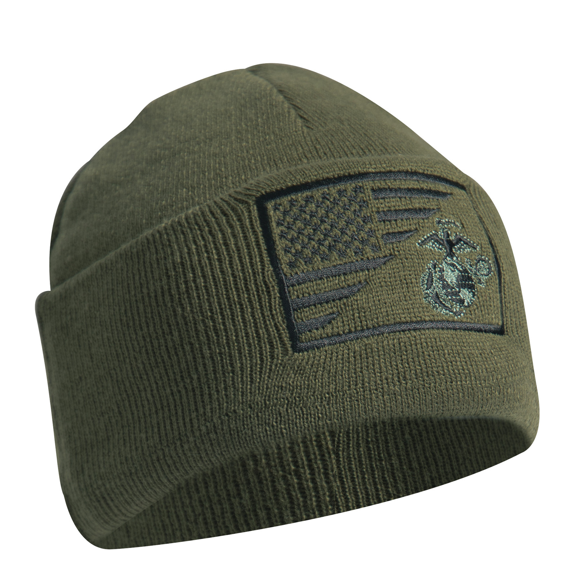 Rothco USMC Eagle, Globe and Anchor/US Flag Deluxe Fine Knit Watch Cap - Olive Drab