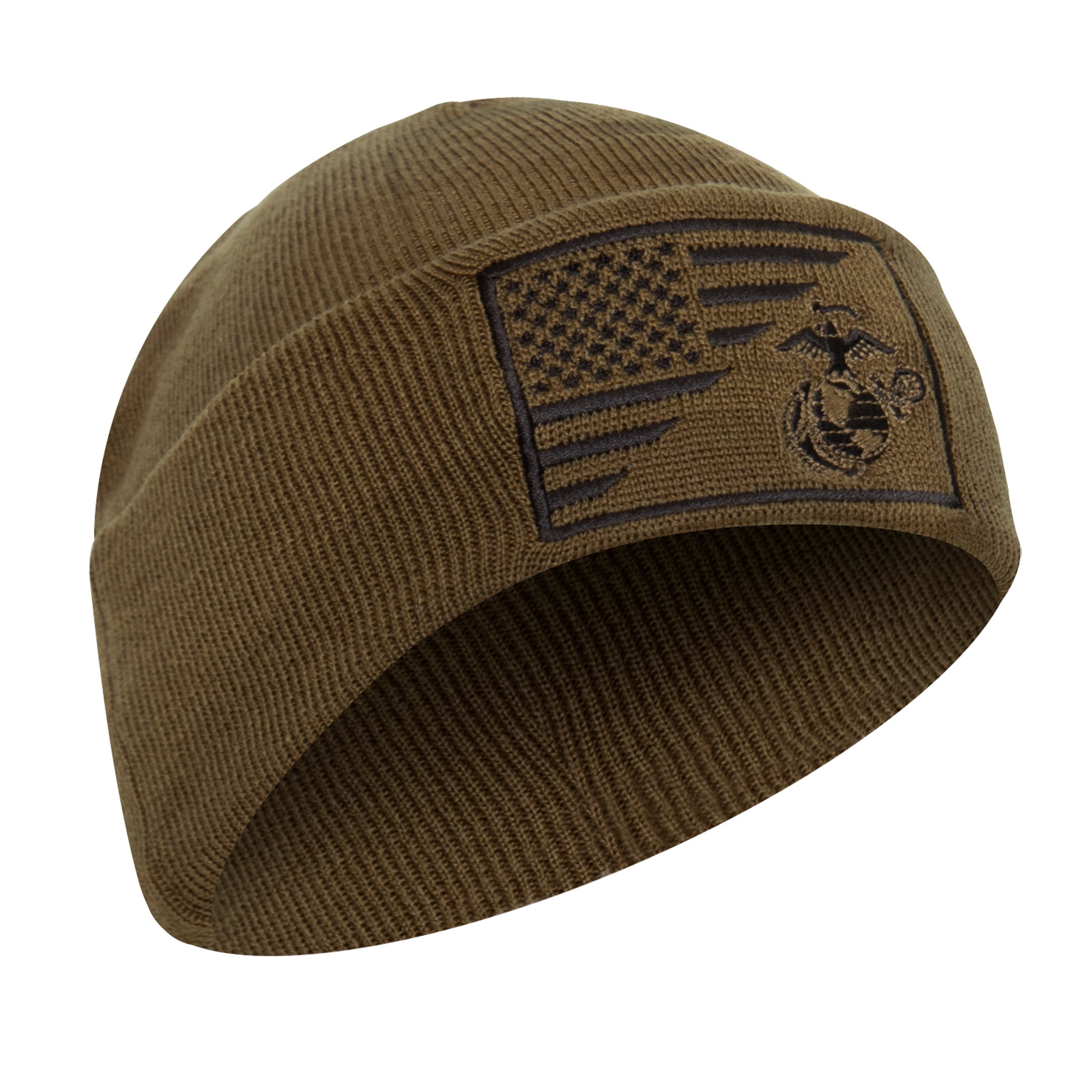 Rothco USMC Eagle, Globe and Anchor/US Flag Deluxe Fine Knit Watch Cap - Coyote Brown