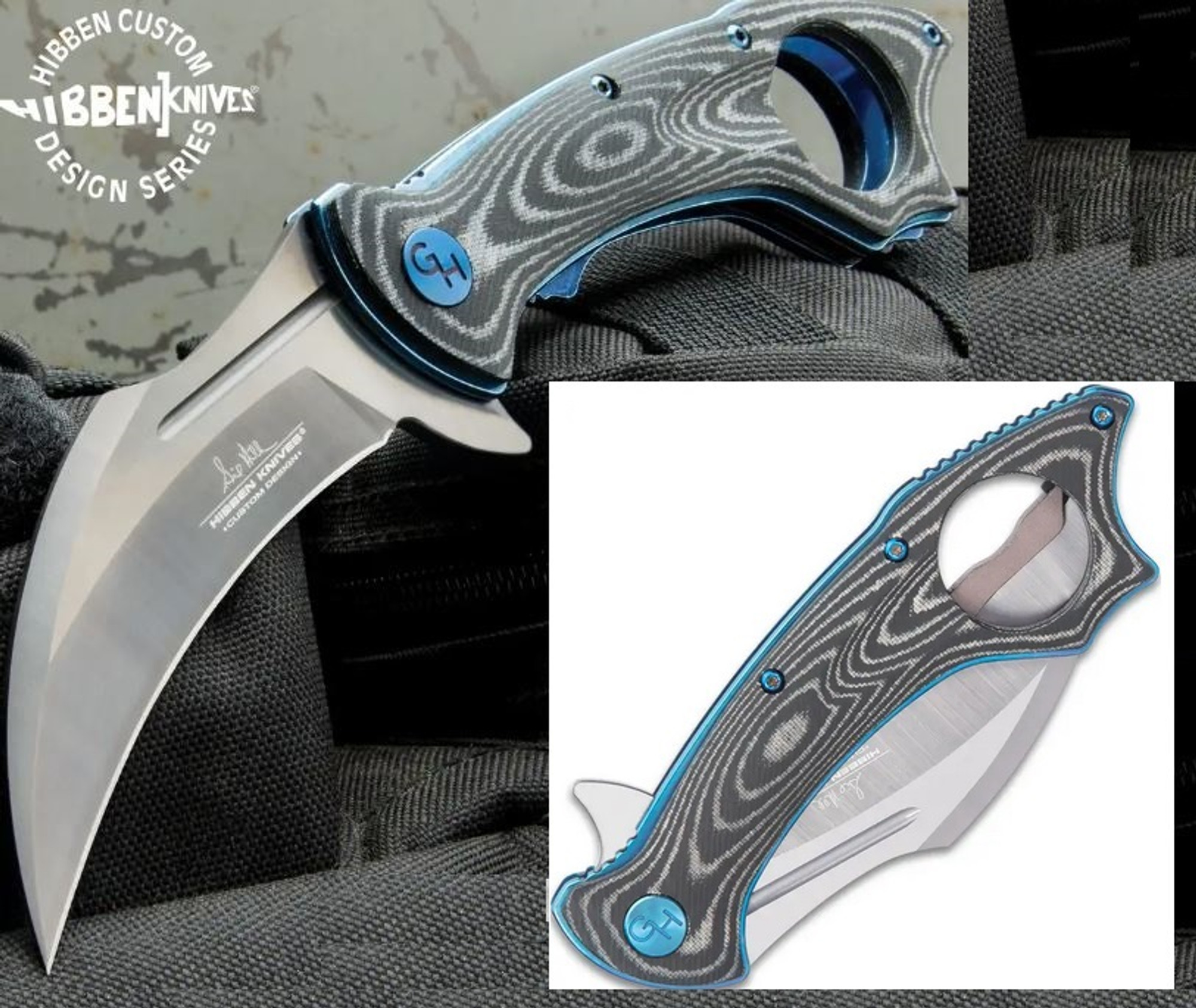 Gil Hibben Warbird Karambit Flipper Folding Knife, Micarta Grey/Blue Liners