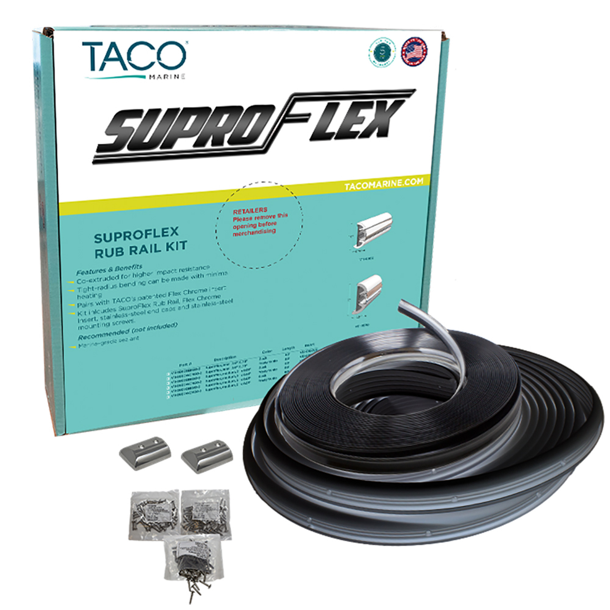 TACO SuproFlex Rub Rail Kit - Black w/Flex Chrome Insert - 1.6"H x .78"W x 60'L