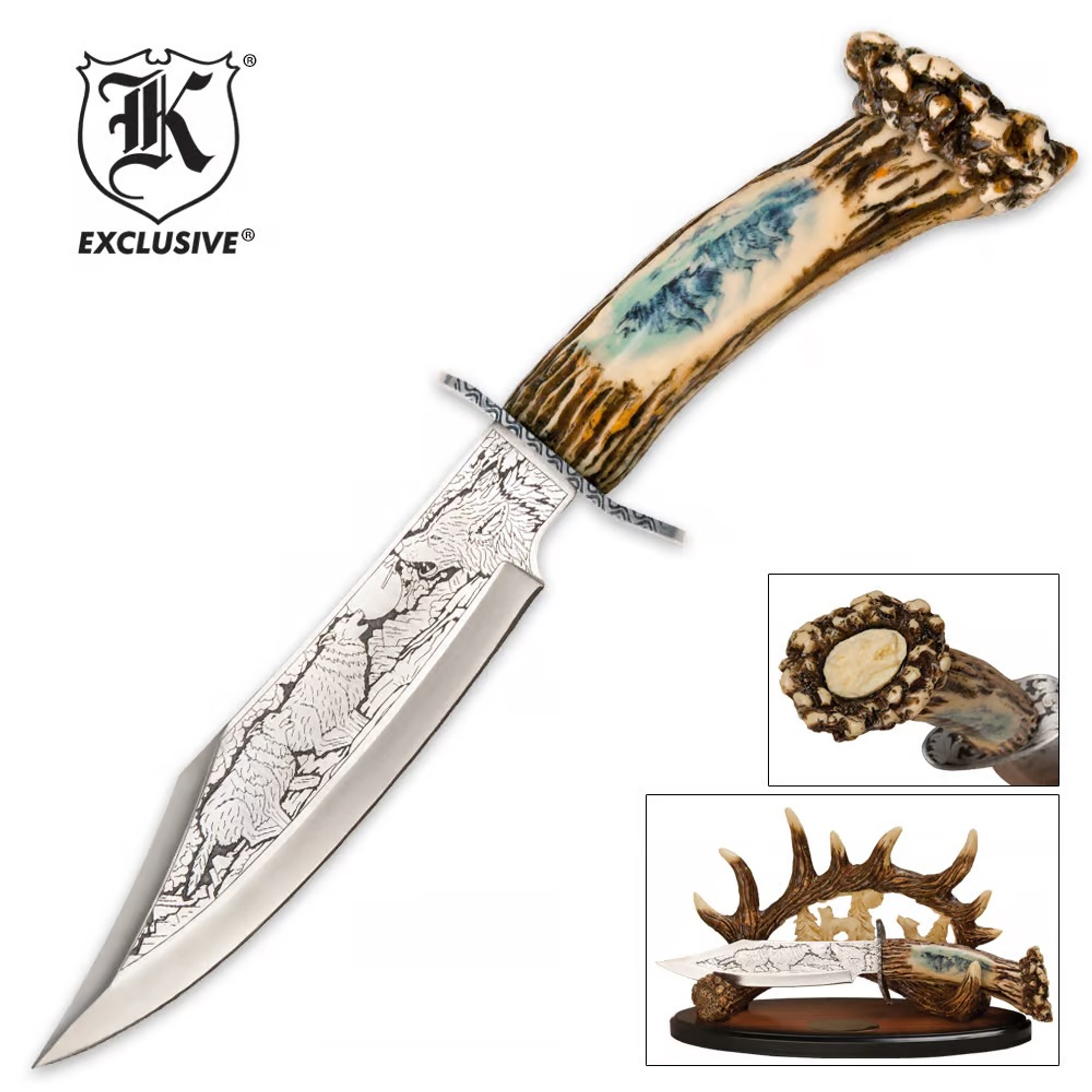 Wolf Fixed Blade Bowie Knife w/Antler Sheath Wolf Fixed Blade Bowie Knife w/Antler Sheath