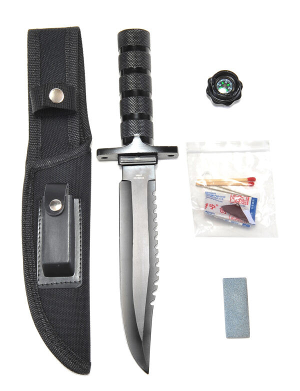 12" Black Handle Survival Knife w/Compass