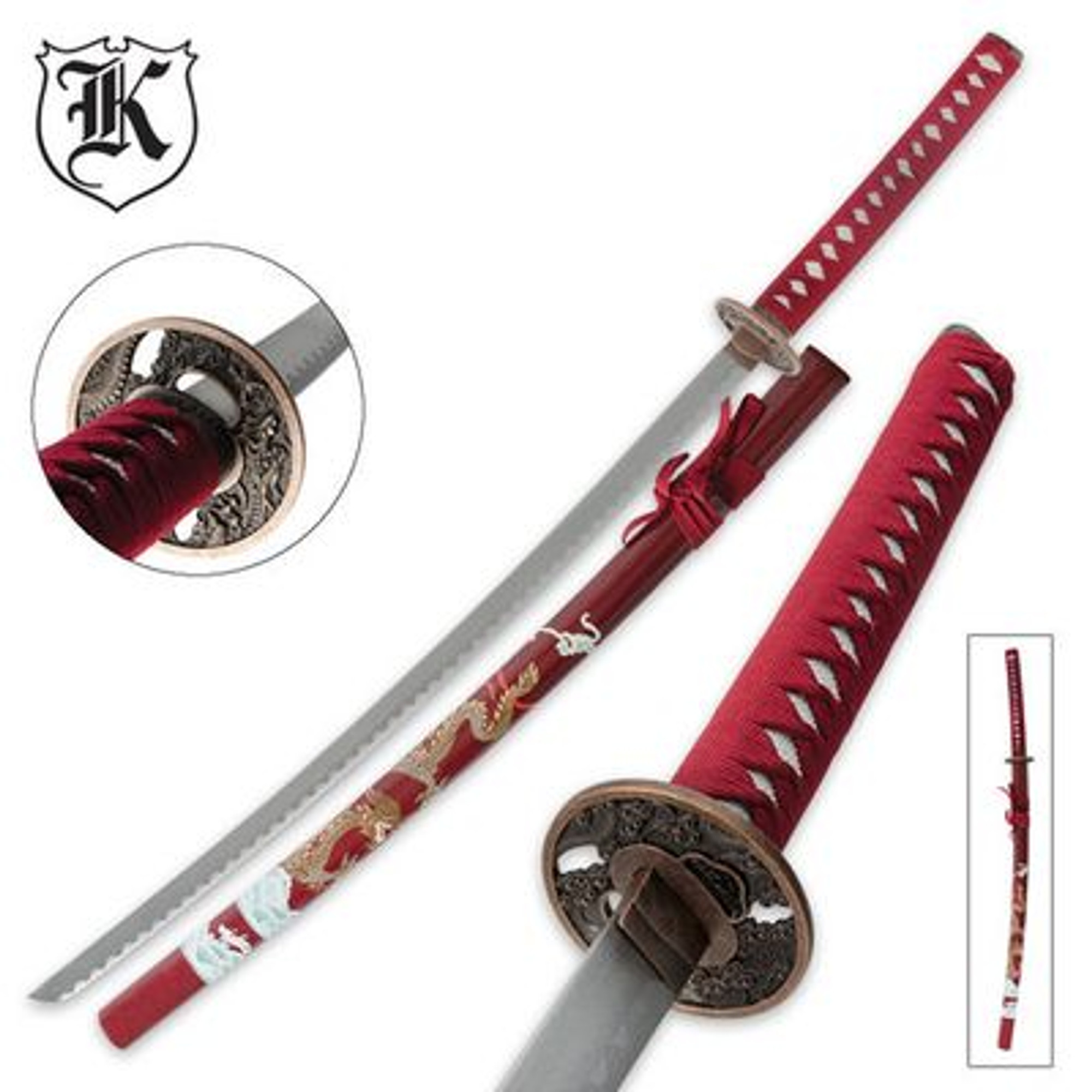 Flying Dragon Katana Sword and Scabbard - Maroon