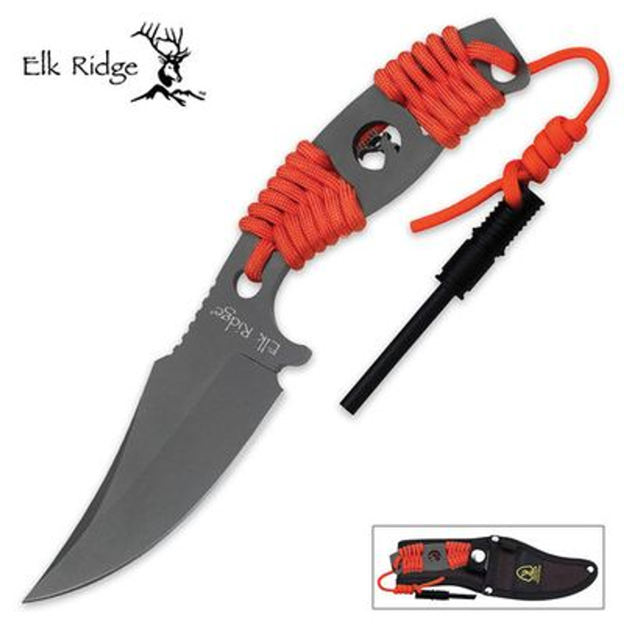 Elk Ridge Ti-Coated Fixed Blade Knife w/ Cord Wrapped Handle and Fire Starter - Orange/Black