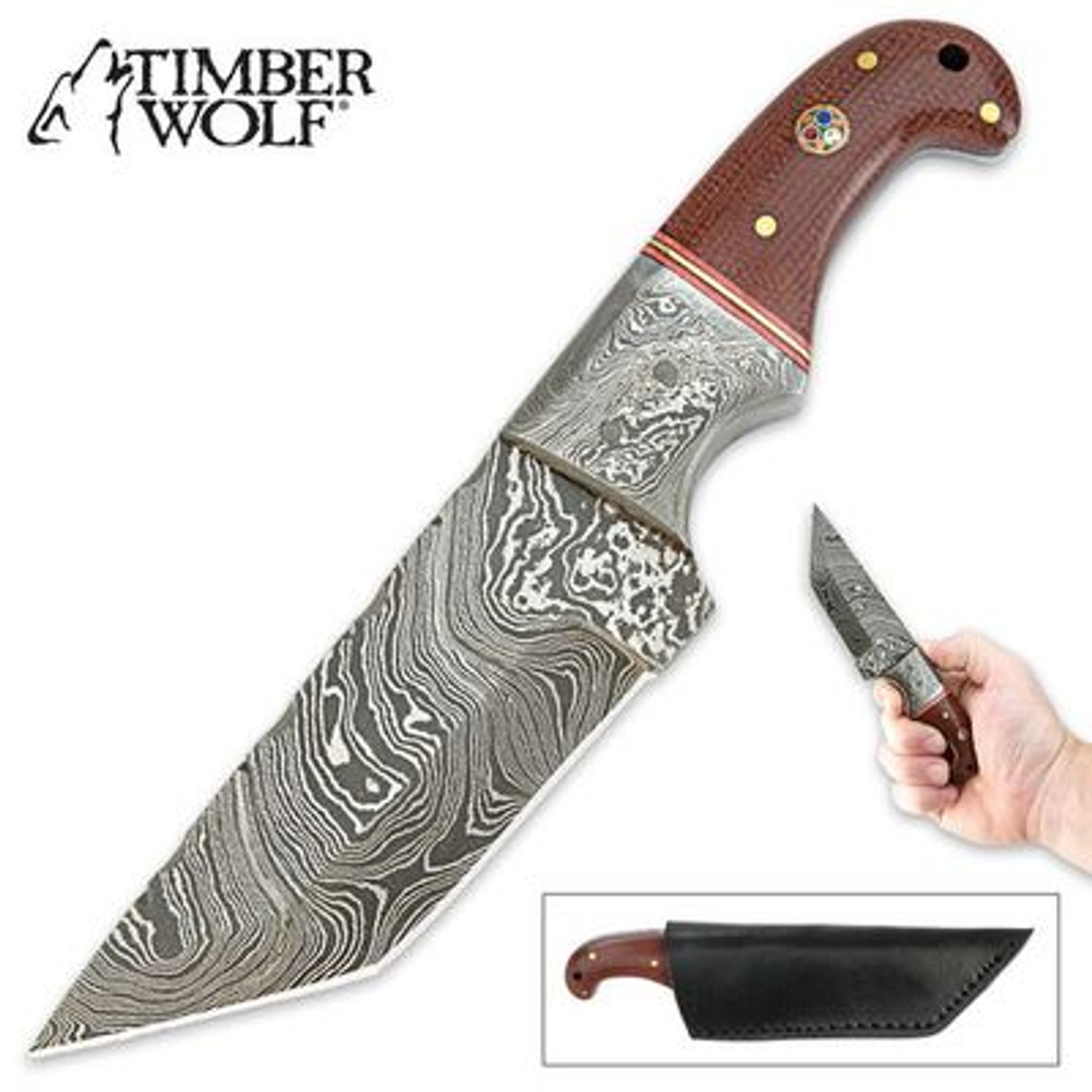Timber Wolf Damascus & Micarta Fixed Blade Hunting Knife w/ Sheath